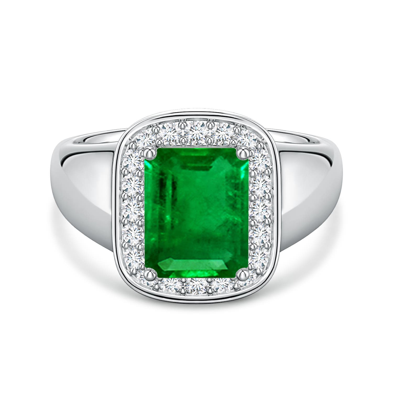 9x7mm Labgrown Emerald-Cut Lab-Grown Emerald Signet Halo Engagement Ring in 18K White Gold