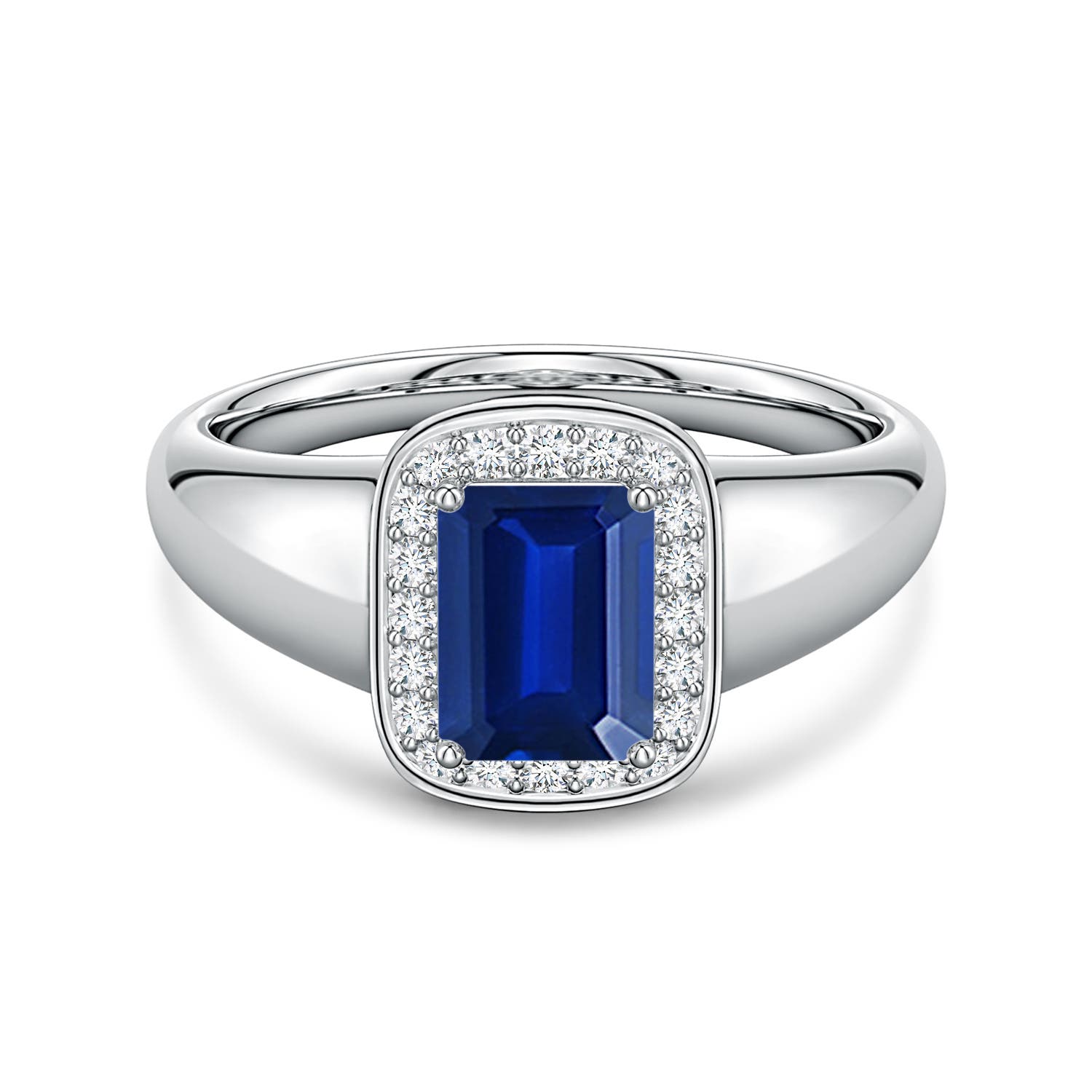7x5mm Labgrown Emerald-Cut Lab-Grown Blue Sapphire Signet Halo Engagement Ring in 18CT White Gold