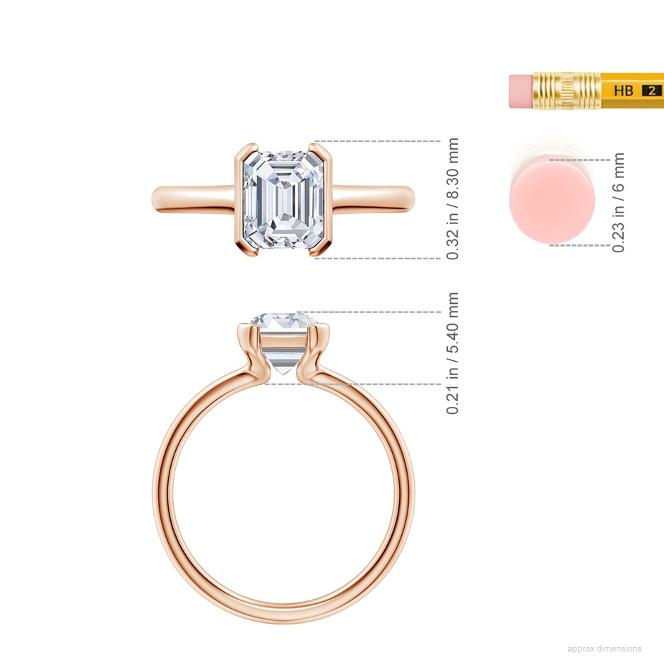 7.5x5.5mm FGVS Semi Bezel-Set Emerald-Cut Lab-Grown Diamond Solitaire Engagement Ring in Rose Gold ruler