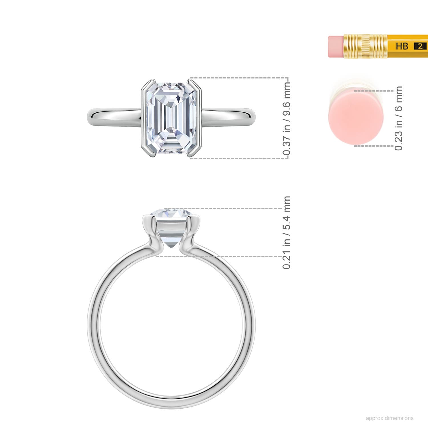 8x6mm FGVS Semi Bezel-Set Emerald-Cut Lab-Grown Diamond Solitaire Engagement Ring in White Gold - ruler