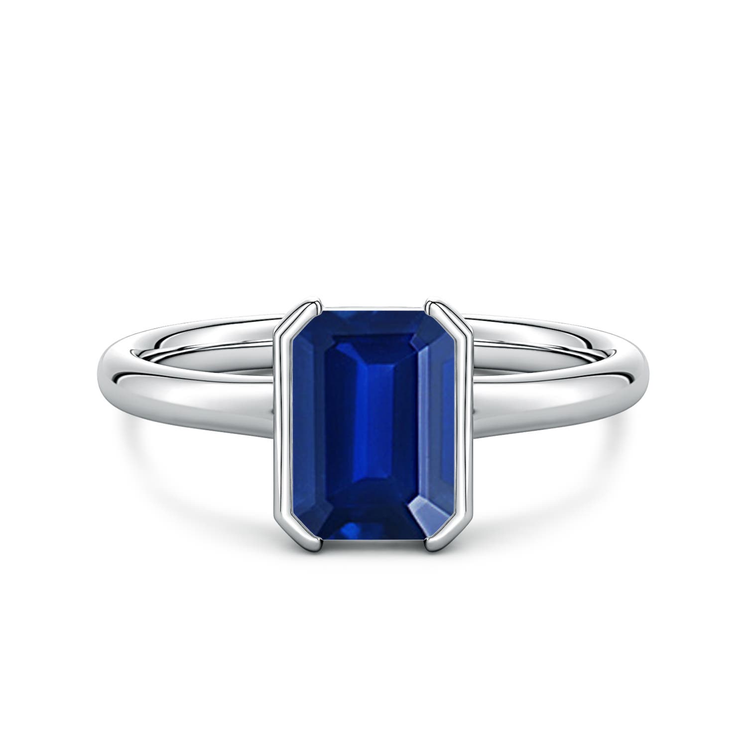 8x6mm Labgrown Semi Bezel-Set Emerald-Cut Lab-Grown Blue Sapphire Solitaire Engagement Ring in White Gold