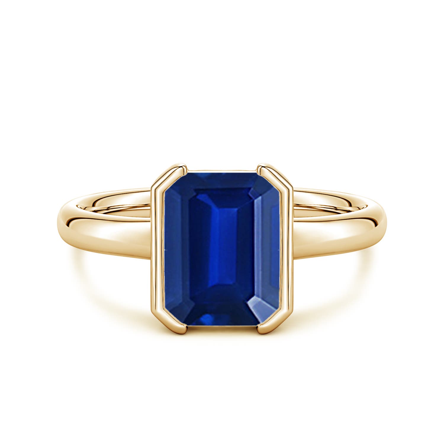 9x7mm Labgrown Semi Bezel-Set Emerald-Cut Lab-Grown Blue Sapphire Solitaire Engagement Ring in Yellow Gold