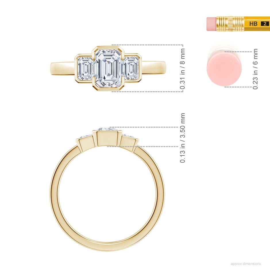 6.5x4.5mm FGVS Semi Bezel-Set Emerald-Cut Lab-Grown Diamond Three-Stone Engagement Ring in 18K Yellow Gold ruler