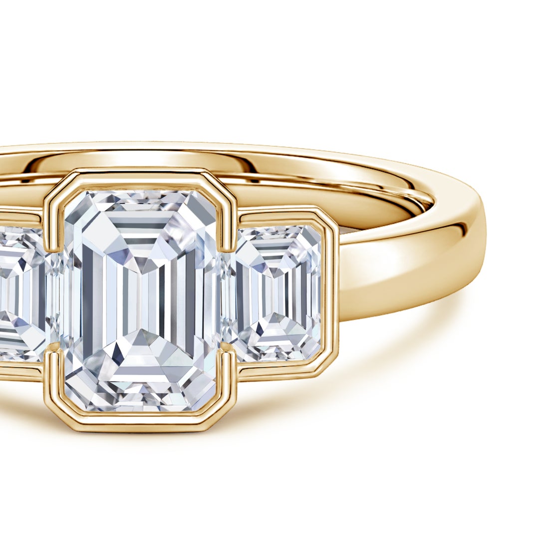 6.5x4.5mm FGVS Semi Bezel-Set Emerald-Cut Lab-Grown Diamond Three-Stone Engagement Ring in Yellow Gold - side 5