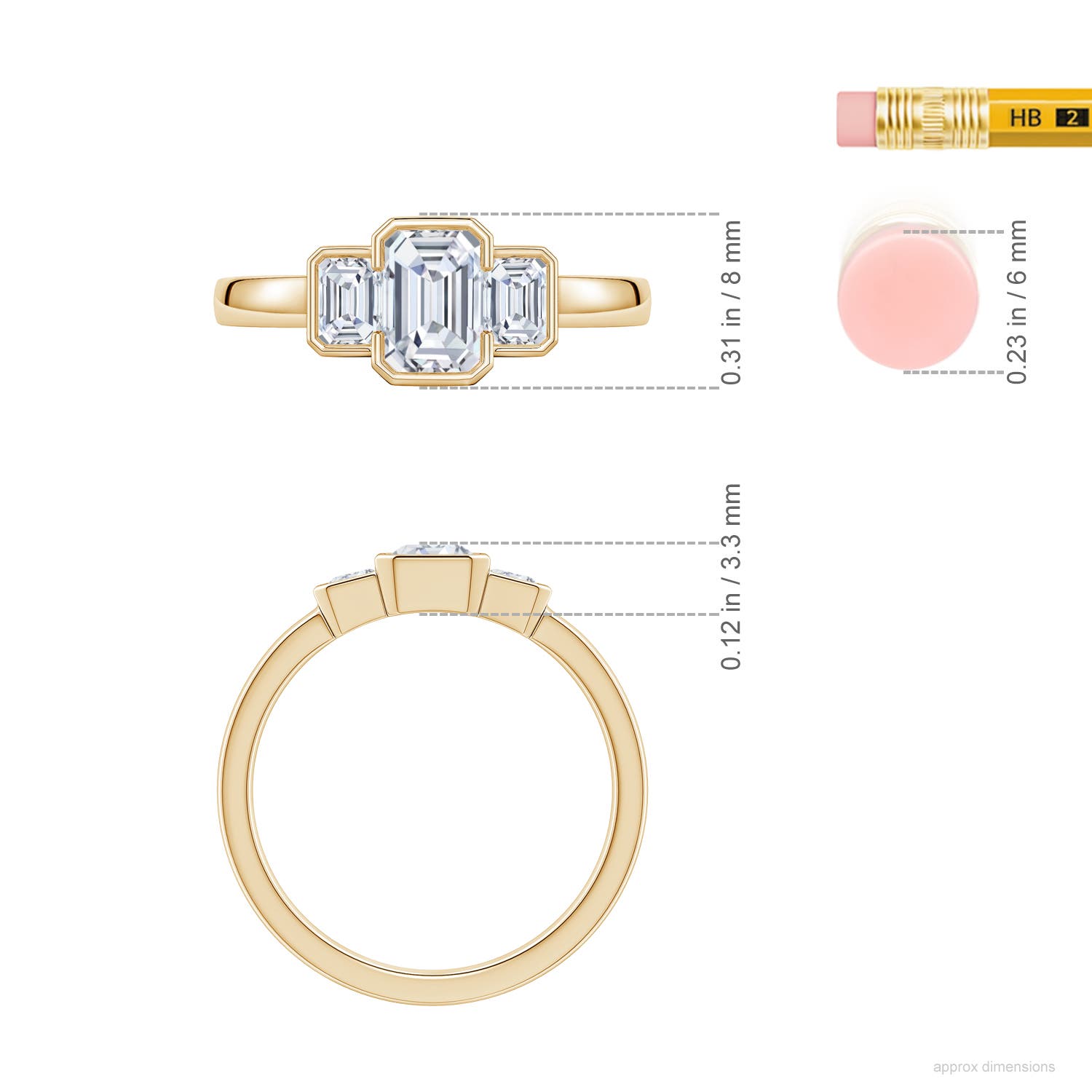 6.5x4.5mm FGVS Semi Bezel-Set Emerald-Cut Lab-Grown Diamond Three-Stone Engagement Ring in Yellow Gold - ruler