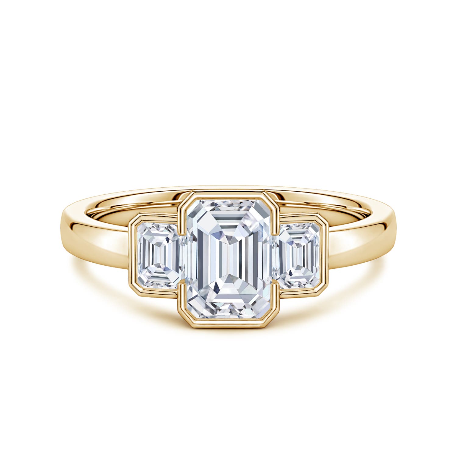 7x5mm FGVS Semi Bezel-Set Emerald-Cut Lab-Grown Diamond Three-Stone Engagement Ring in Yellow Gold