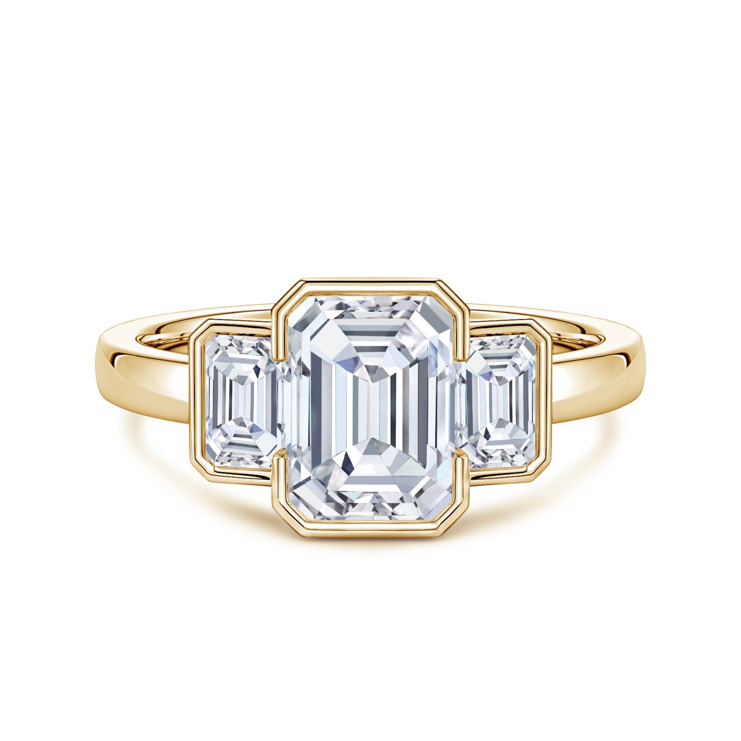 8x6mm FGVS Semi Bezel-Set Emerald-Cut Lab-Grown Diamond Three-Stone Engagement Ring in 18K Yellow Gold