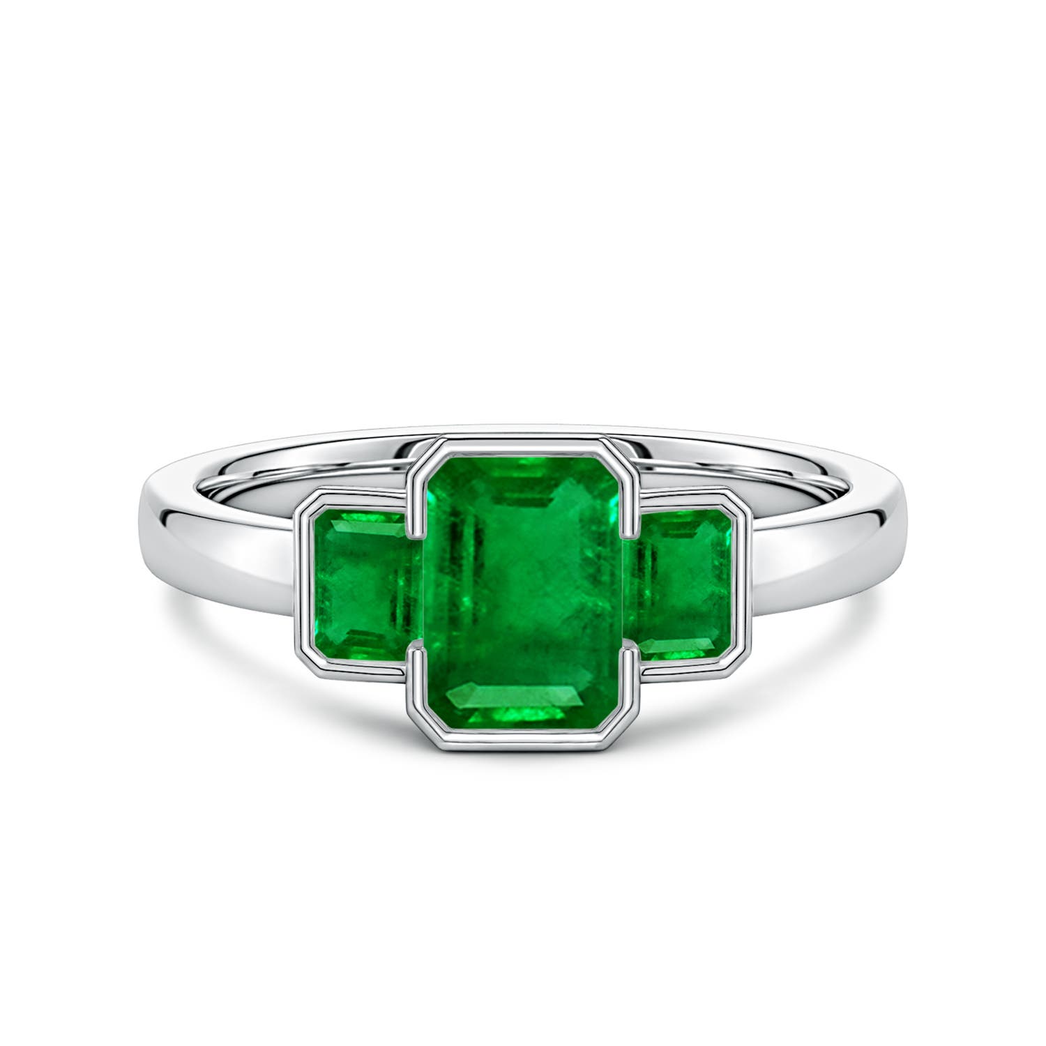 7x5mm Labgrown Semi Bezel-Set Emerald-Cut Lab-Grown Emerald Three-Stone Engagement Ring in 18K White Gold
