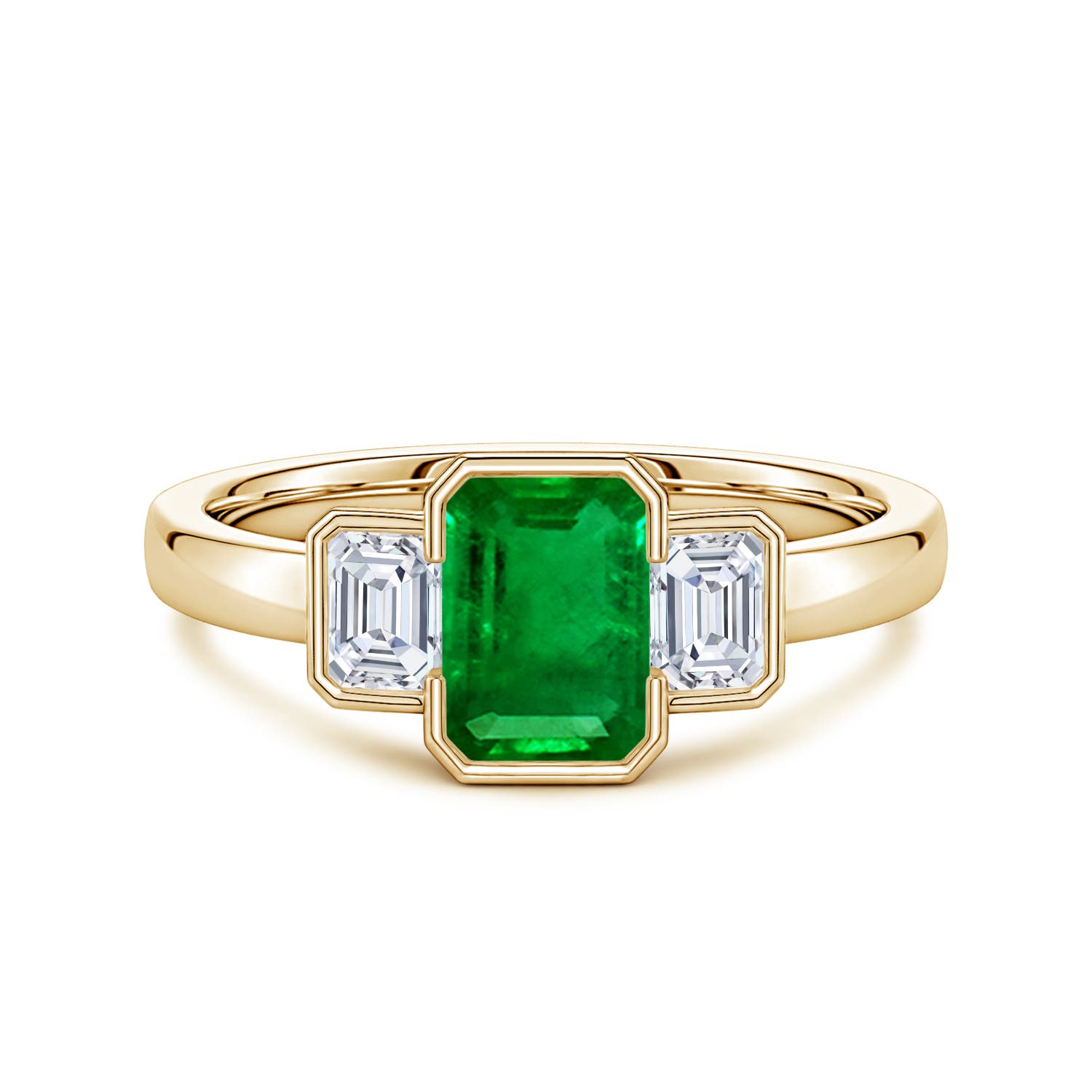 7x5mm Labgrown Lab-Grown Semi Bezel-Set Emerald-Cut Emerald and Diamond Three-Stone Engagement Ring in 18CT Yellow Gold