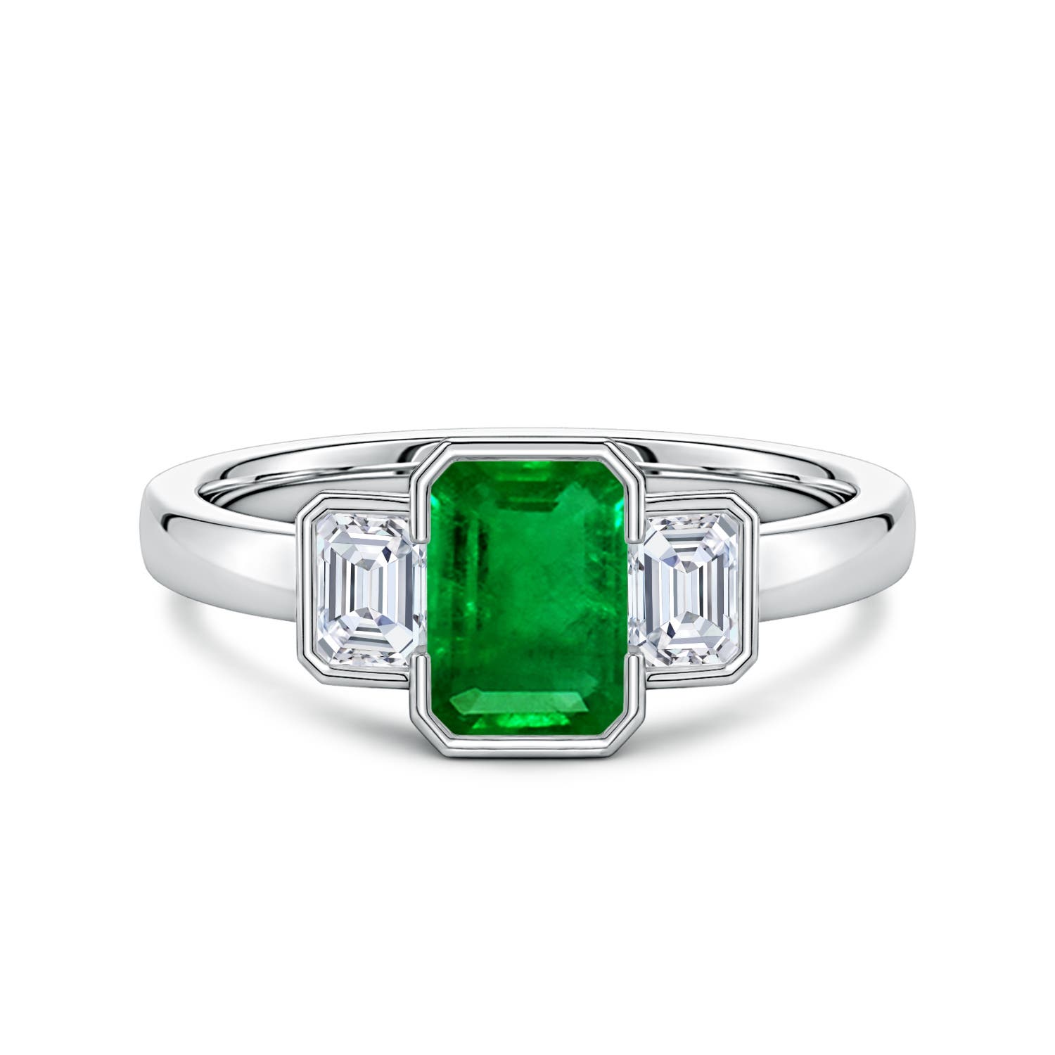 7x5mm Labgrown Lab-Grown Semi Bezel-Set Emerald-Cut Emerald and Diamond Three-Stone Engagement Ring in White Gold