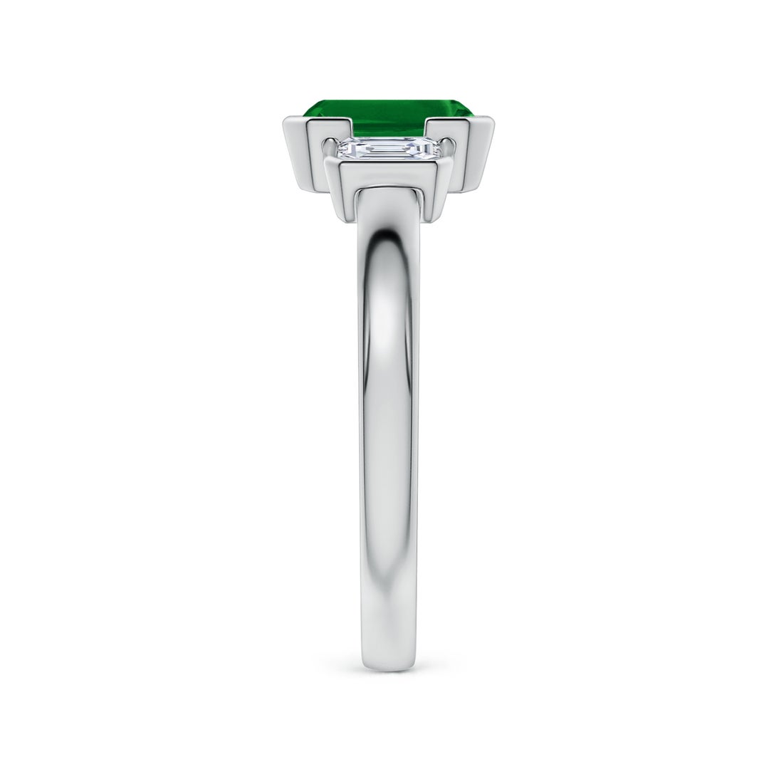7x5mm Labgrown Lab-Grown Semi Bezel-Set Emerald-Cut Emerald and Diamond Three-Stone Engagement Ring in White Gold - side 4