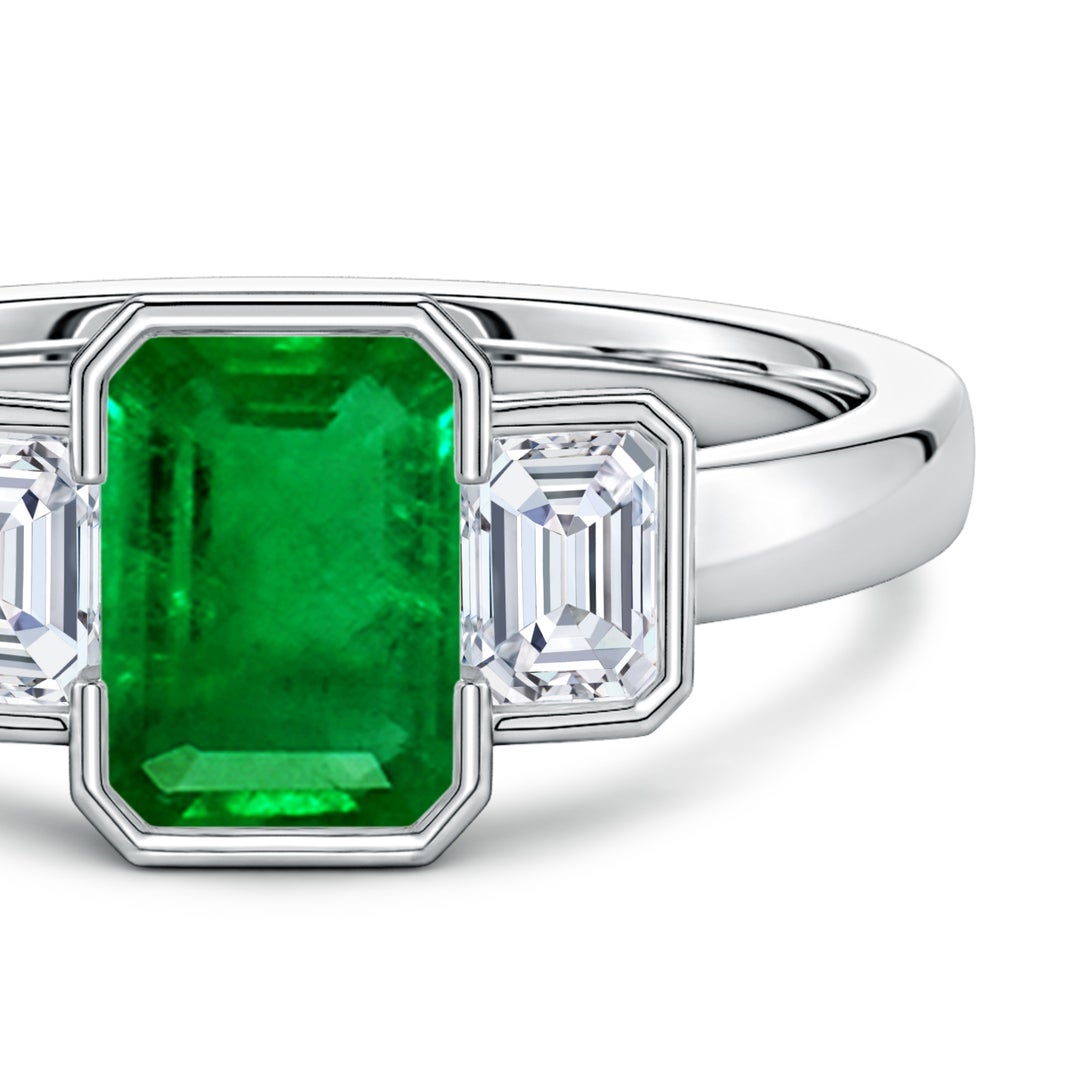 7x5mm Labgrown Lab-Grown Semi Bezel-Set Emerald-Cut Emerald and Diamond Three-Stone Engagement Ring in White Gold - side 5