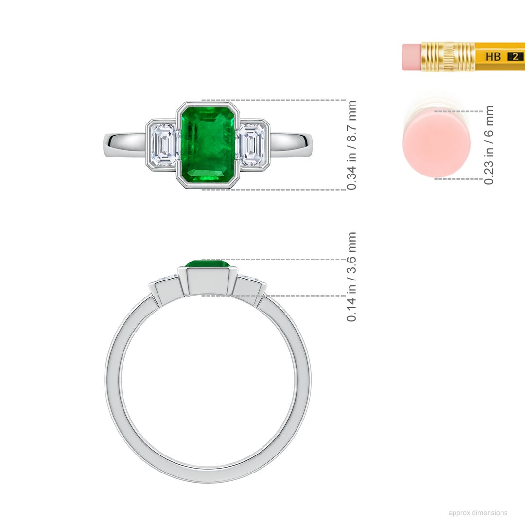7x5mm Labgrown Lab-Grown Semi Bezel-Set Emerald-Cut Emerald and Diamond Three-Stone Engagement Ring in White Gold - ruler