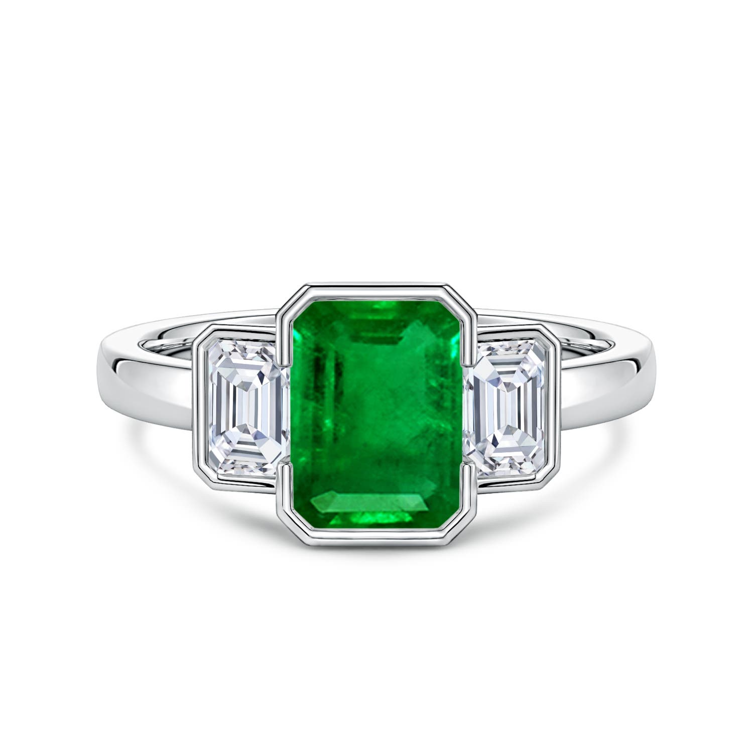 8x6mm Labgrown Lab-Grown Semi Bezel-Set Emerald-Cut Emerald and Diamond Three-Stone Engagement Ring in 18K White Gold