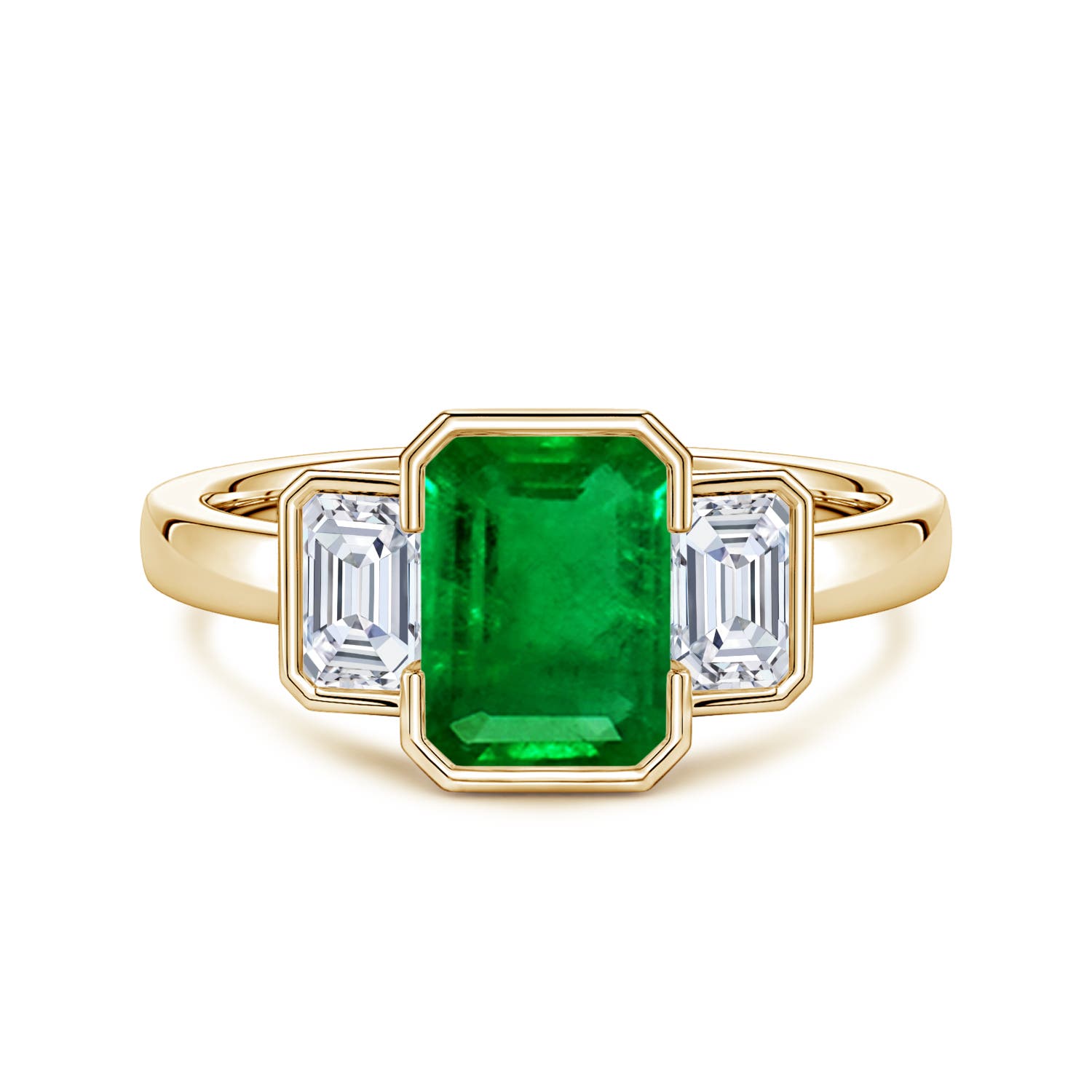 8x6mm Labgrown Lab-Grown Semi Bezel-Set Emerald-Cut Emerald and Diamond Three-Stone Engagement Ring in 18CT Yellow Gold