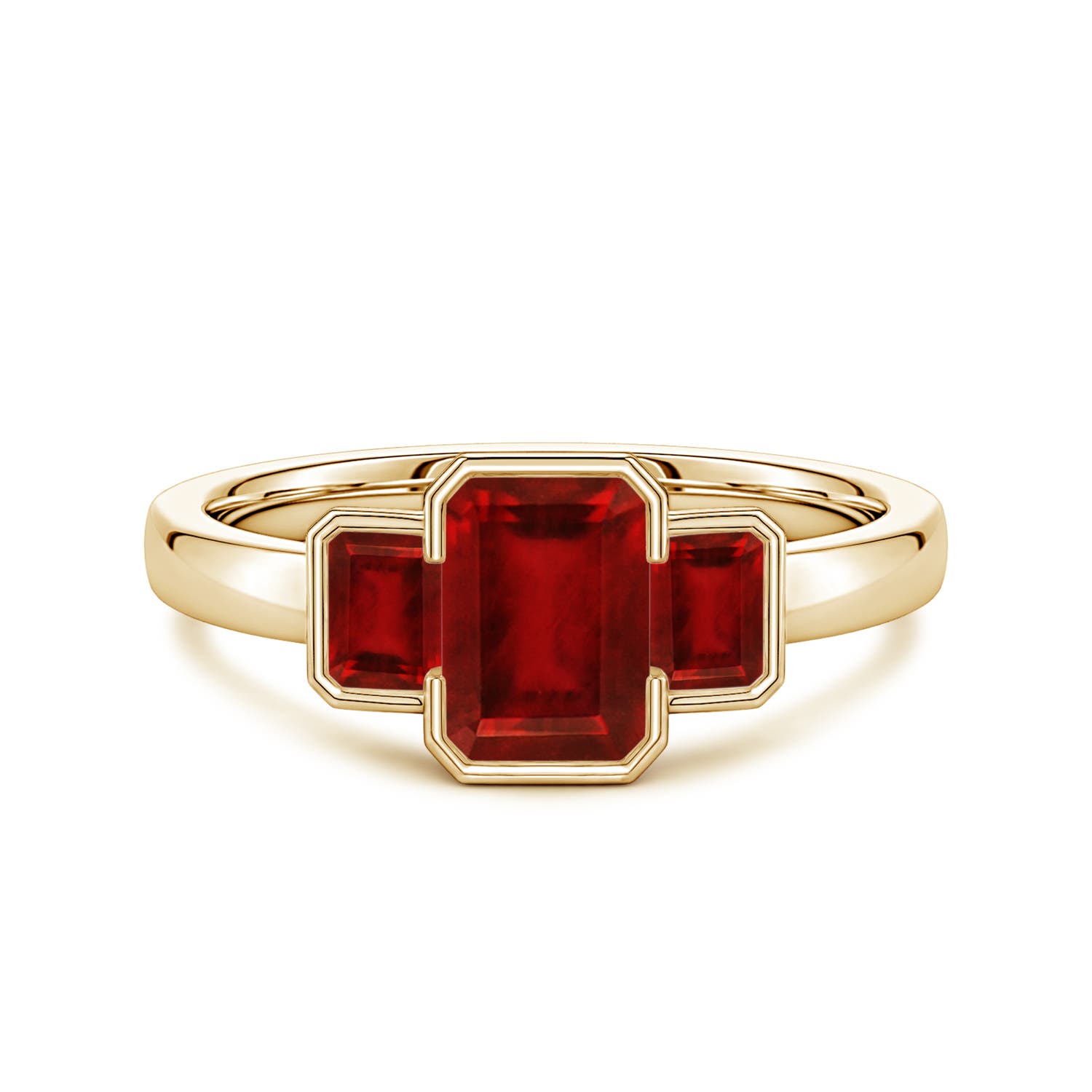 7x5mm Labgrown Semi Bezel-Set Emerald-Cut Lab-Grown Ruby Three-Stone Engagement Ring in 18K Yellow Gold