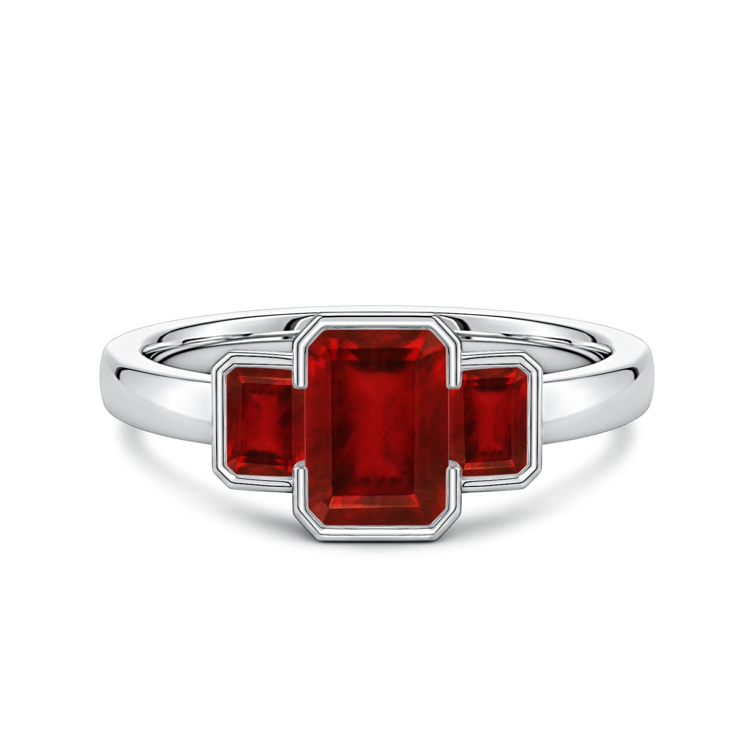 Semi Bezel-Set Emerald-Cut Lab-Grown Ruby Three-Stone Engagement Ring