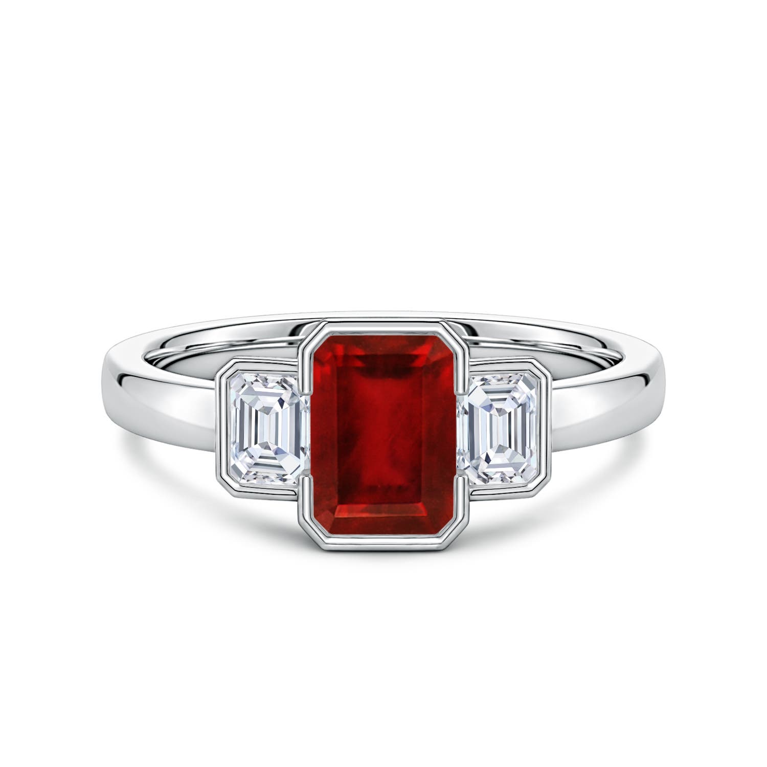 7x5mm Labgrown Lab-Grown Semi Bezel-Set Emerald-Cut Ruby and Diamond Three-Stone Engagement Ring in 18K White Gold