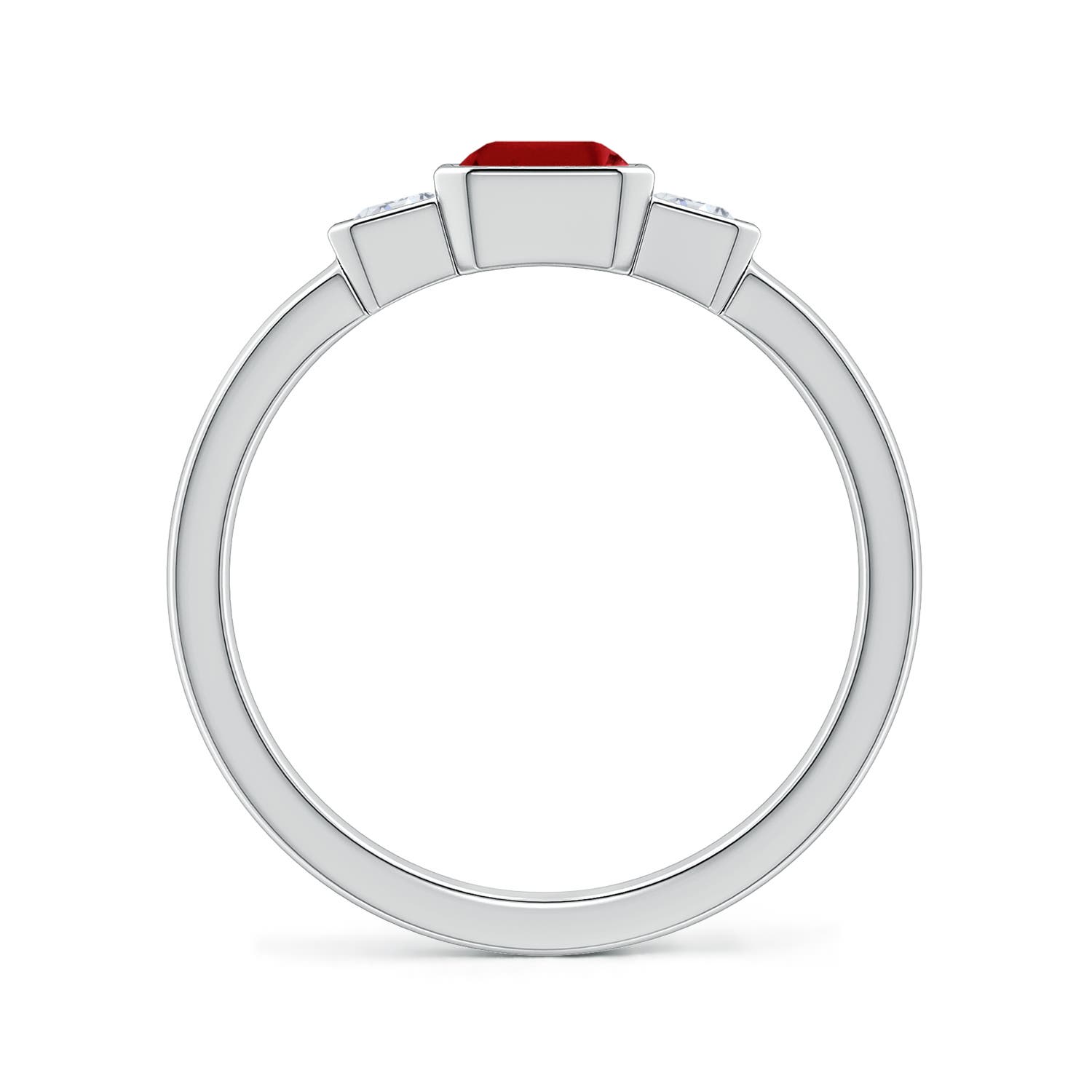 7x5mm Labgrown Lab-Grown Semi Bezel-Set Emerald-Cut Ruby and Diamond Three-Stone Engagement Ring in 18K White Gold