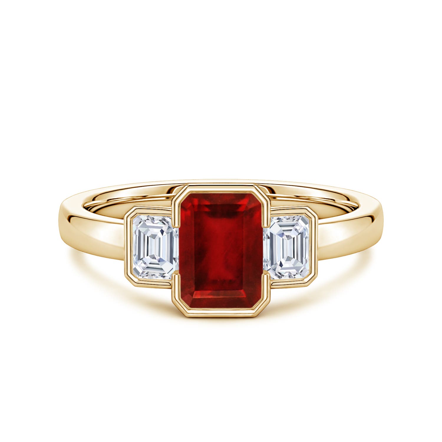 7x5mm Labgrown Lab-Grown Semi Bezel-Set Emerald-Cut Ruby and Diamond Three-Stone Engagement Ring in 18K Yellow Gold