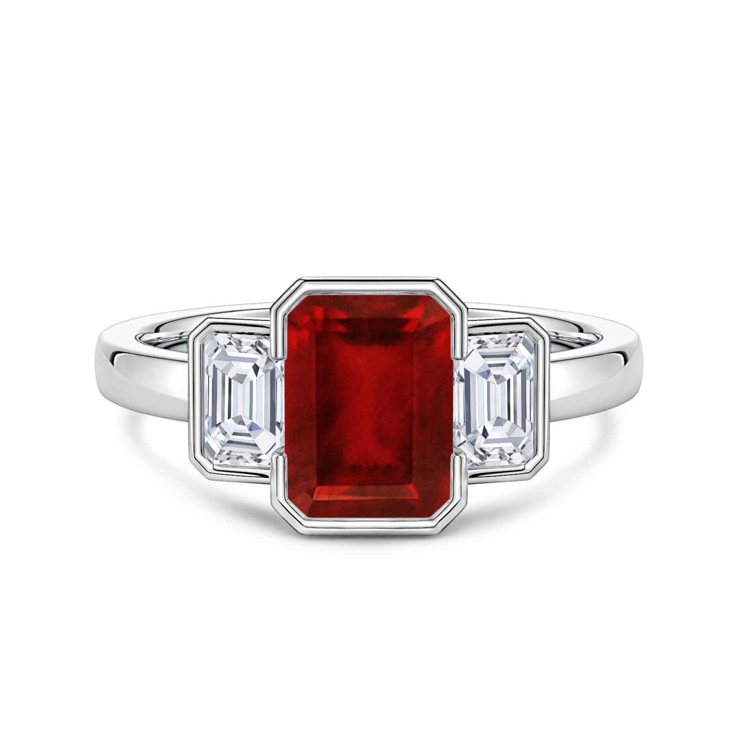 8x6mm Labgrown Lab-Grown Semi Bezel-Set Emerald-Cut Ruby and Diamond Three-Stone Engagement Ring in White Gold