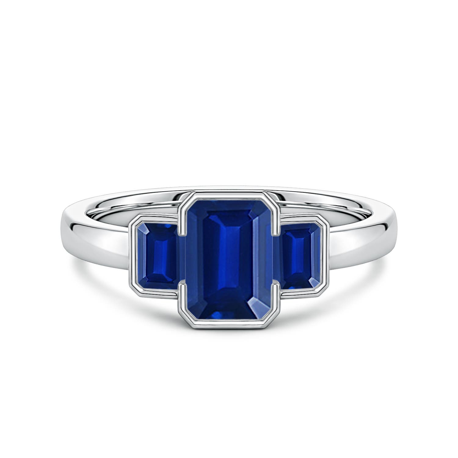 7x5mm Labgrown Semi Bezel-Set Emerald-Cut Lab-Grown Blue Sapphire Three-Stone Engagement Ring in 18K White Gold