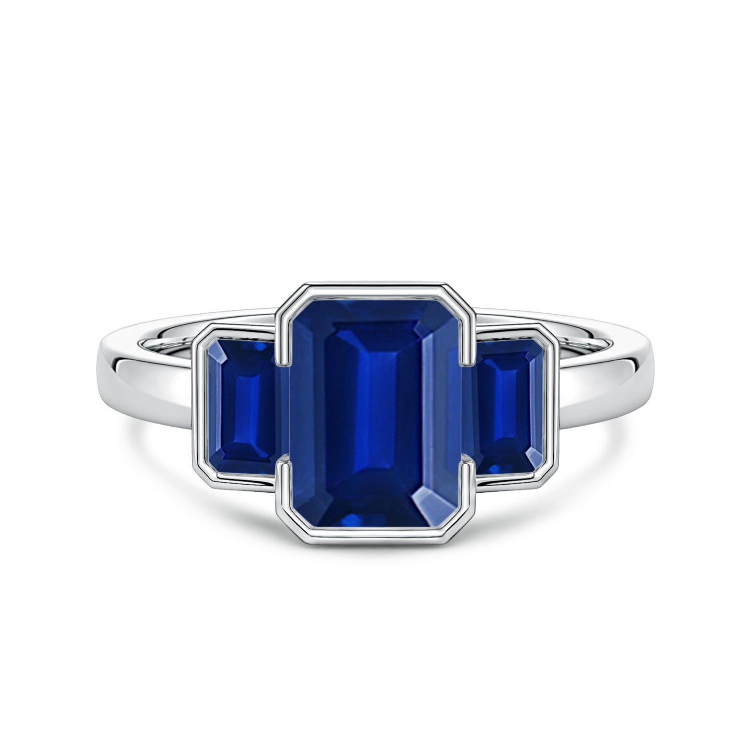 8x6mm Labgrown Semi Bezel-Set Emerald-Cut Lab-Grown Blue Sapphire Three-Stone Engagement Ring in 18CT White Gold