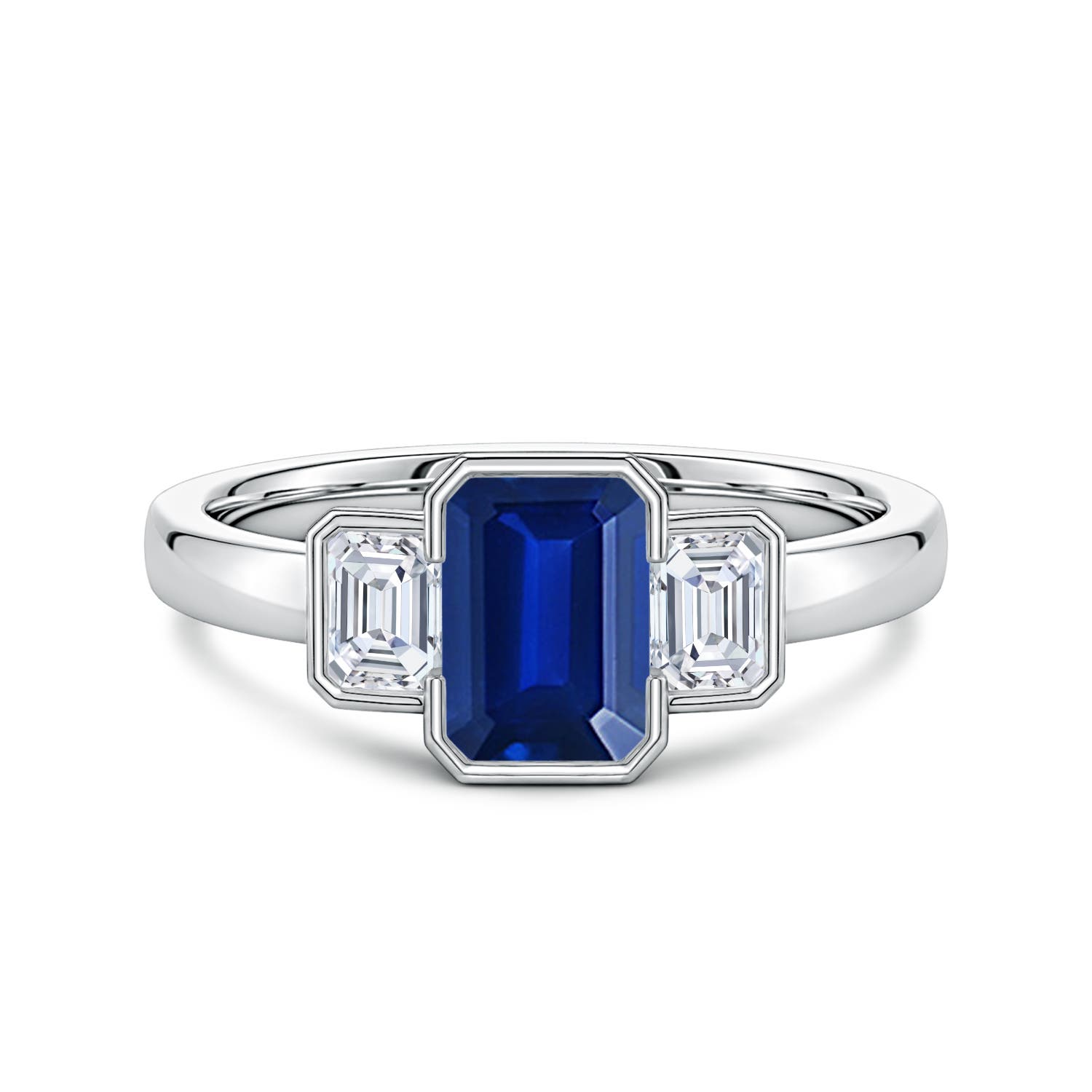 7x5mm Labgrown Lab-Grown Semi Bezel-Set Emerald-Cut Blue Sapphire and Diamond Three-Stone Engagement Ring in 18K White Gold