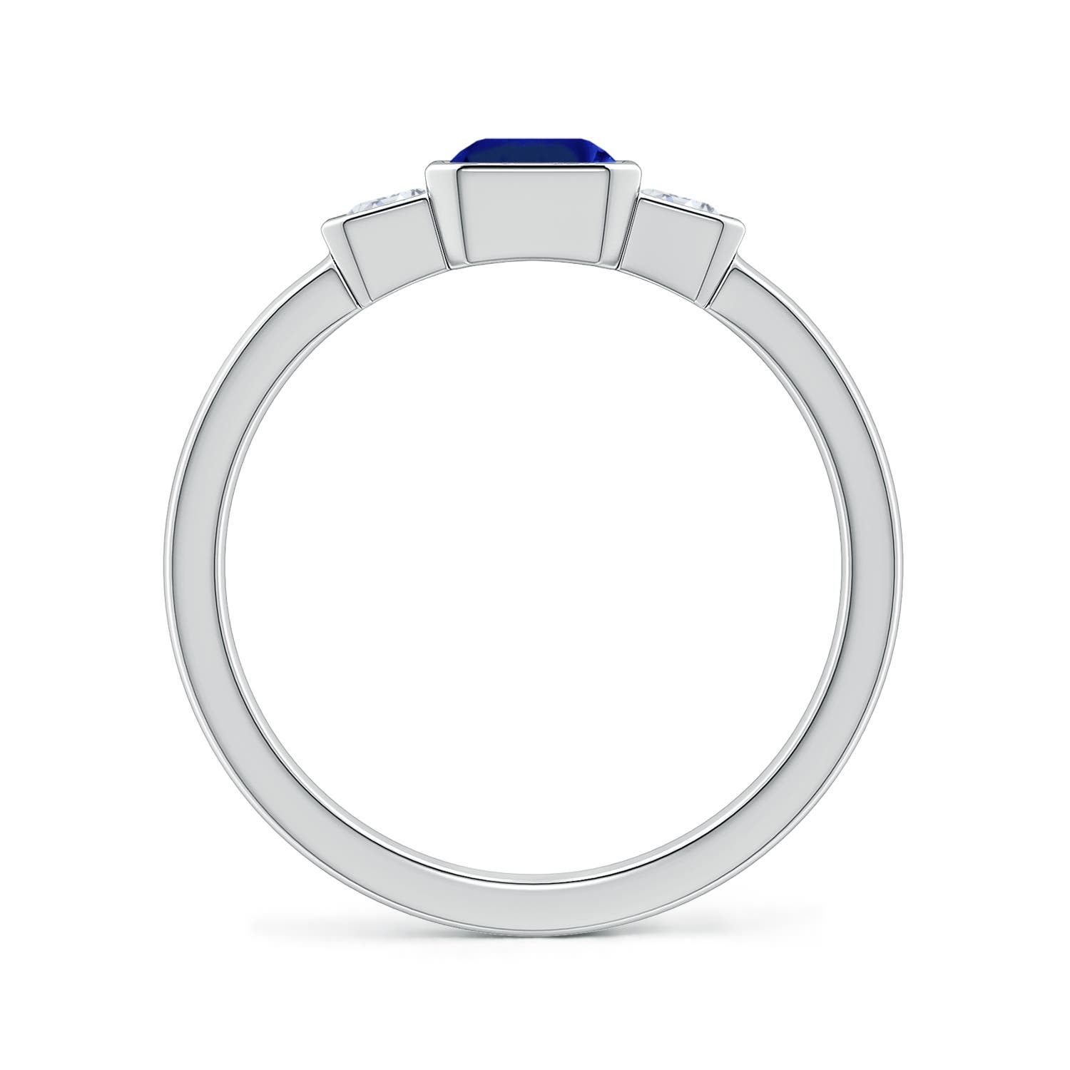 7x5mm Labgrown Lab-Grown Semi Bezel-Set Emerald-Cut Blue Sapphire and Diamond Three-Stone Engagement Ring in 18K White Gold