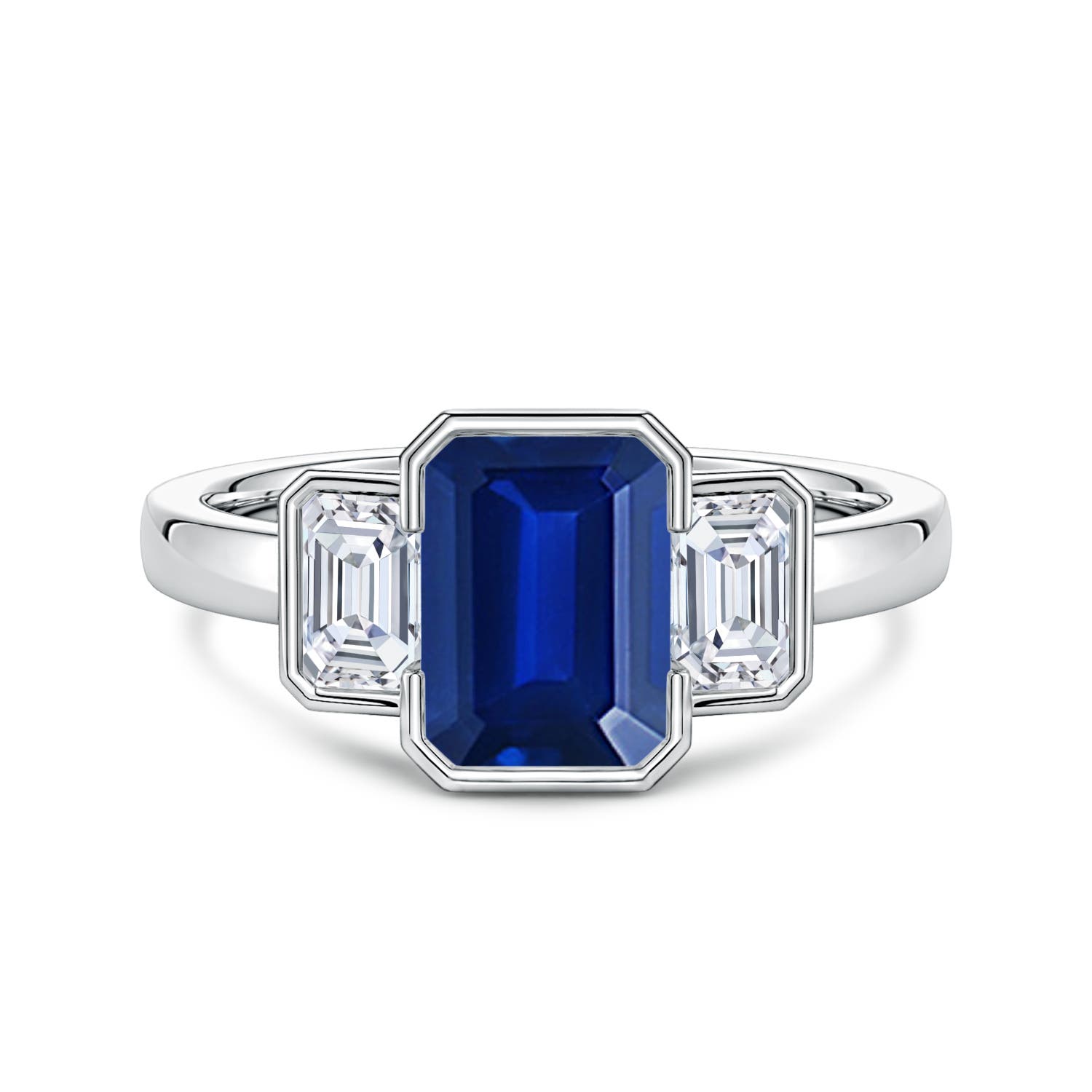 8x6mm Labgrown Lab-Grown Semi Bezel-Set Emerald-Cut Blue Sapphire and Diamond Three-Stone Engagement Ring in 18CT White Gold