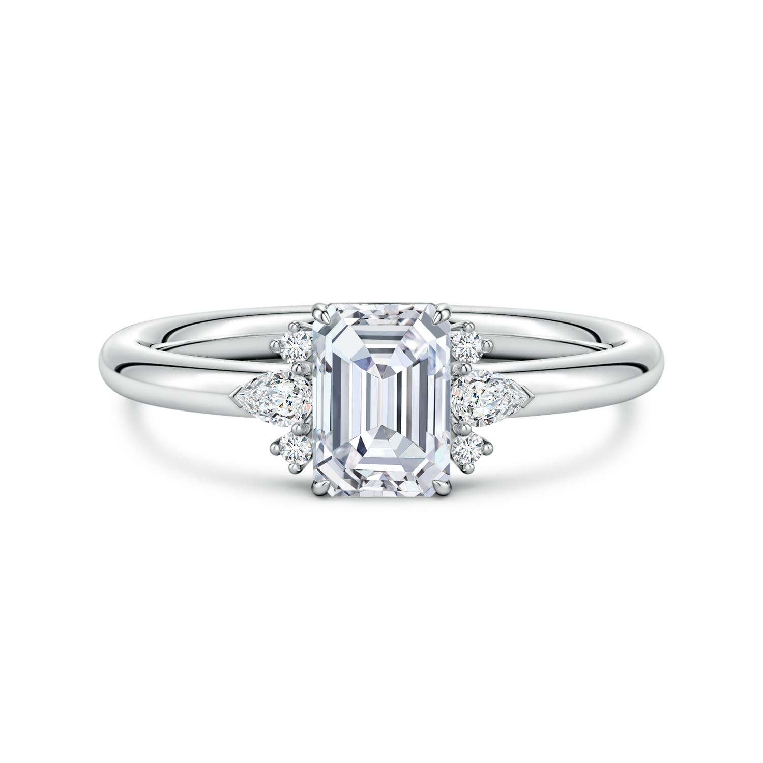 6.7x4.7mm FGVS Four-Claw Prong Emerald-Cut Lab-Grown Diamond Side Stone Engagement Ring in White Gold