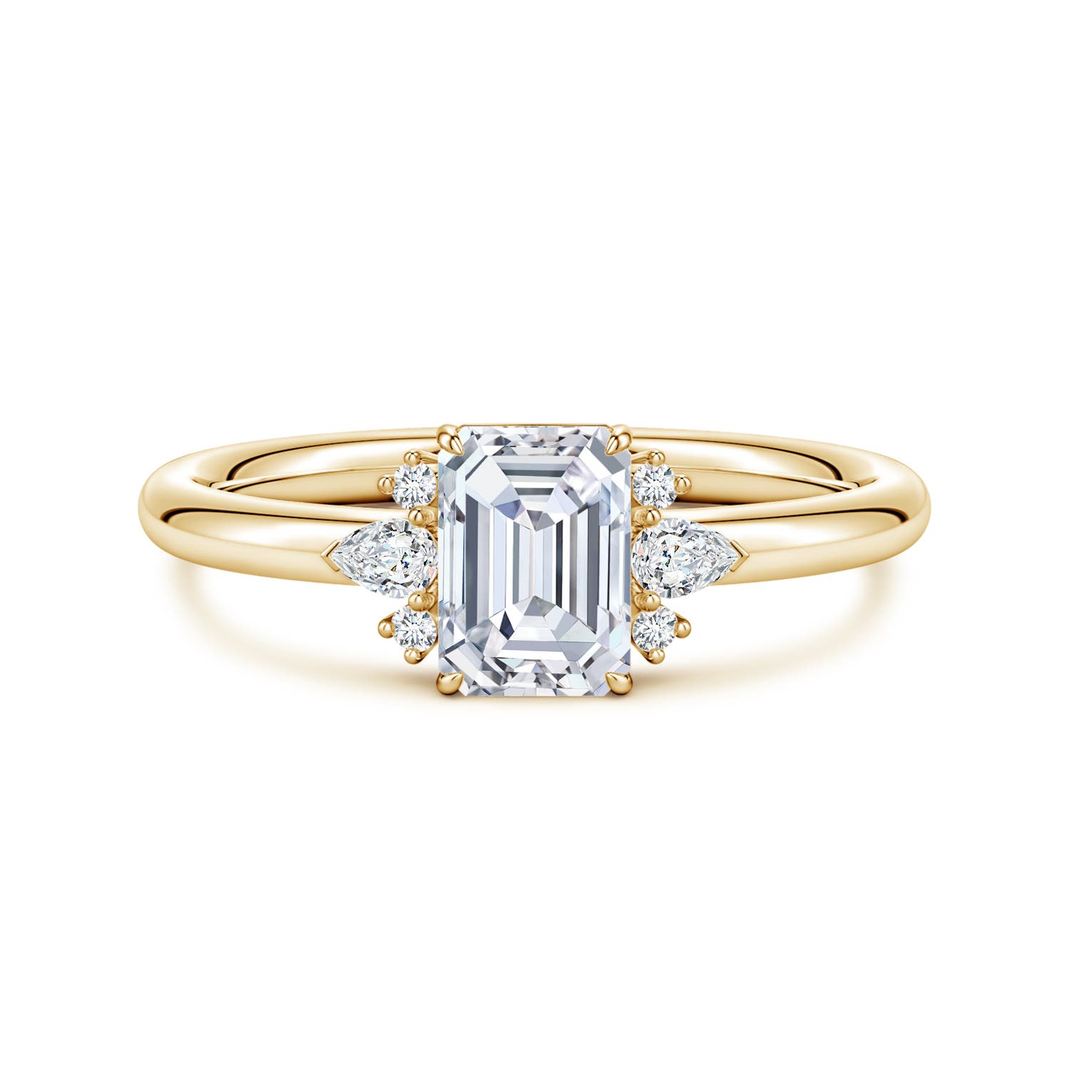 6.7x4.7mm FGVS Four-Claw Prong Emerald-Cut Lab-Grown Diamond Side Stone Engagement Ring in Yellow Gold