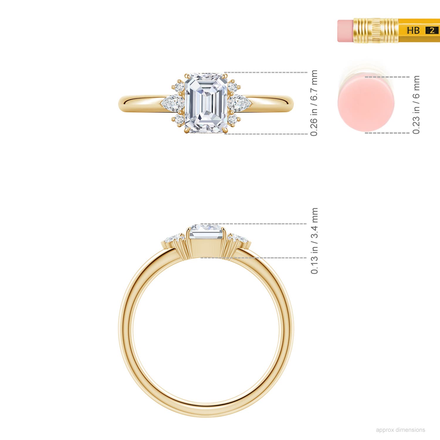 6.7x4.7mm FGVS Four-Claw Prong Emerald-Cut Lab-Grown Diamond Side Stone Engagement Ring in Yellow Gold - ruler