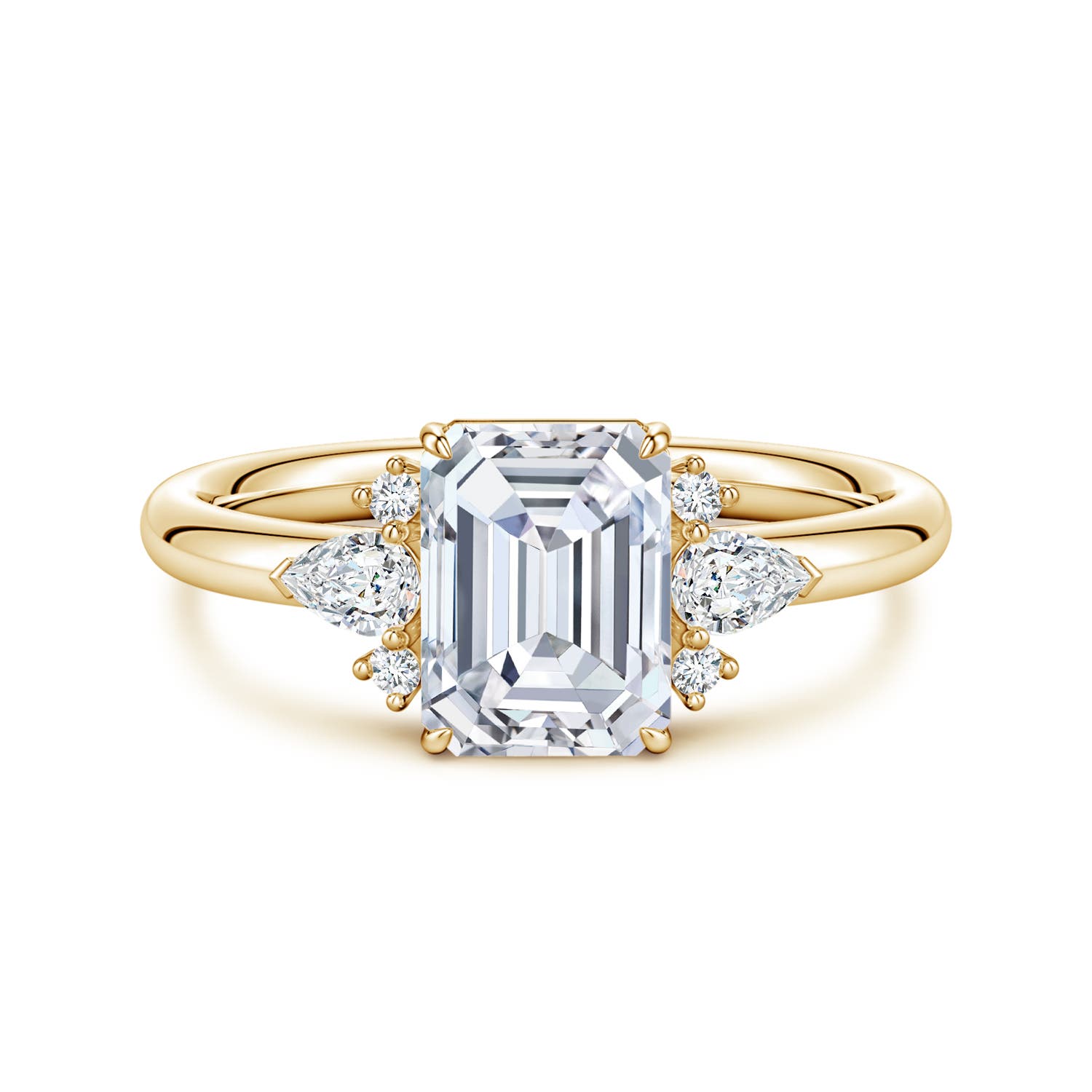 8x6mm FGVS Four-Claw Prong Emerald-Cut Lab-Grown Diamond Side Stone Engagement Ring in Yellow Gold