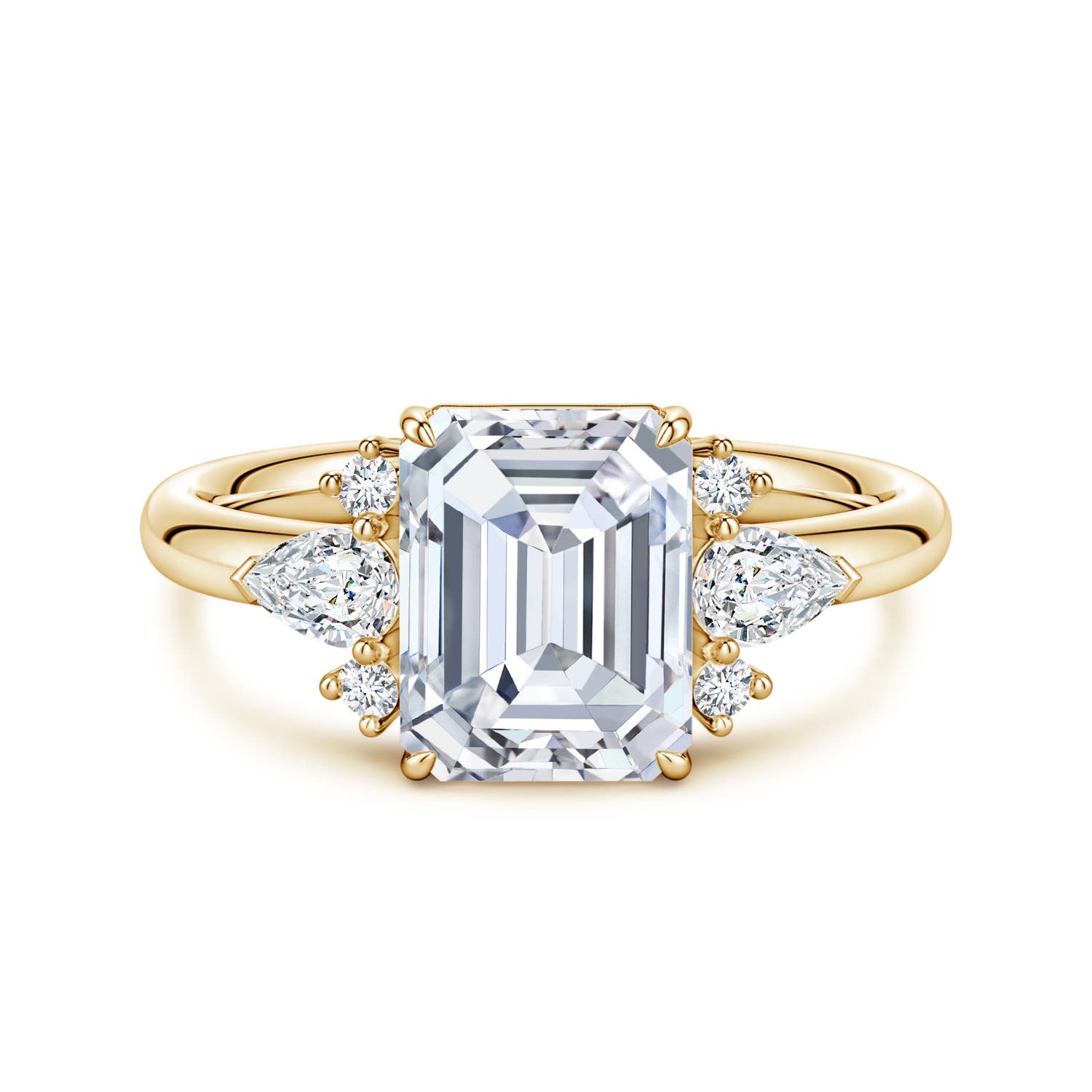 9x7mm FGVS Four-Claw Prong Emerald-Cut Lab-Grown Diamond Side Stone Engagement Ring in Yellow Gold