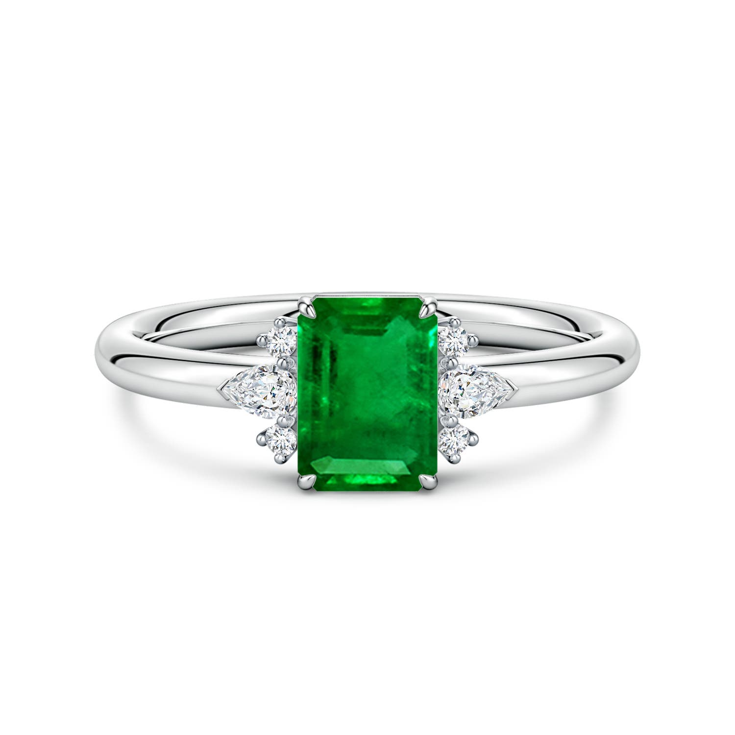7x5mm Labgrown Four-Claw Prong Emerald-Cut Lab-Grown Emerald Side Stone Engagement Ring in 18K White Gold