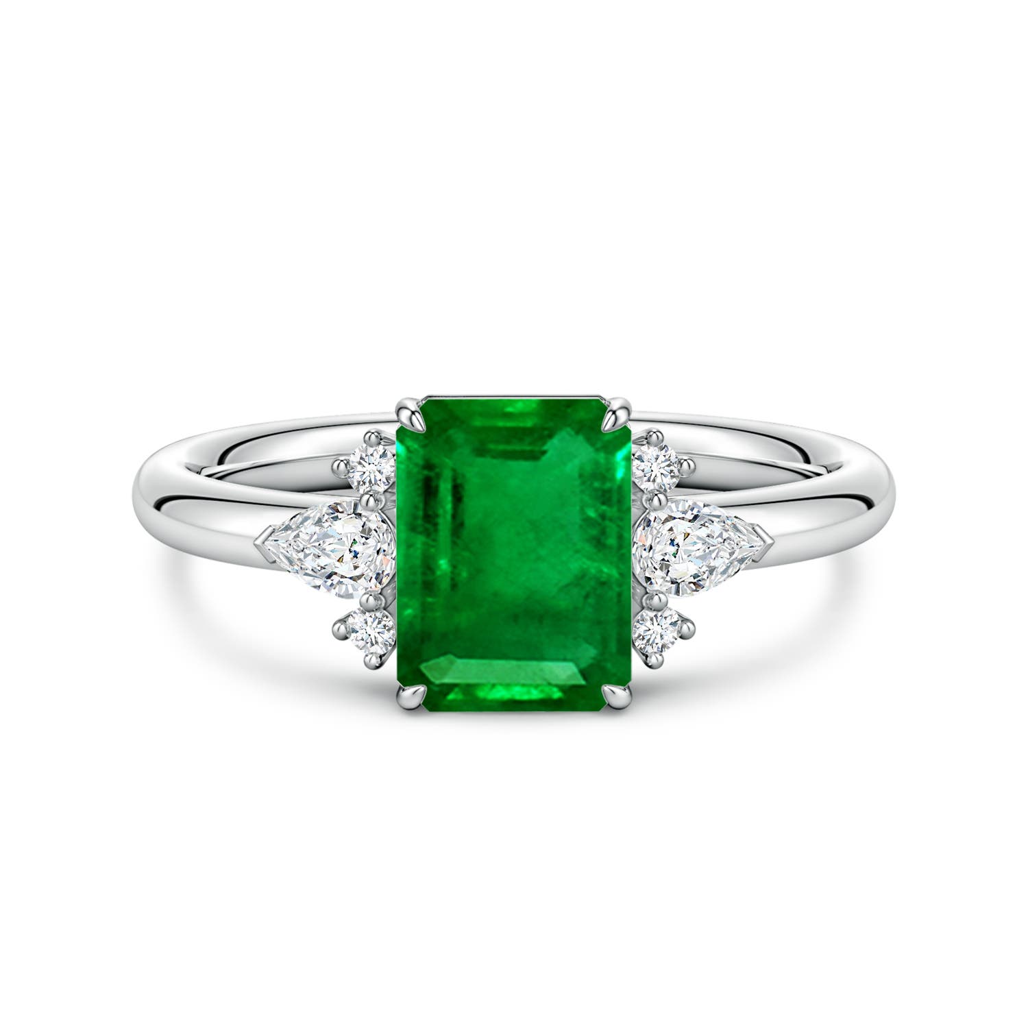 8x6mm Labgrown Four-Claw Prong Emerald-Cut Lab-Grown Emerald Side Stone Engagement Ring in White Gold