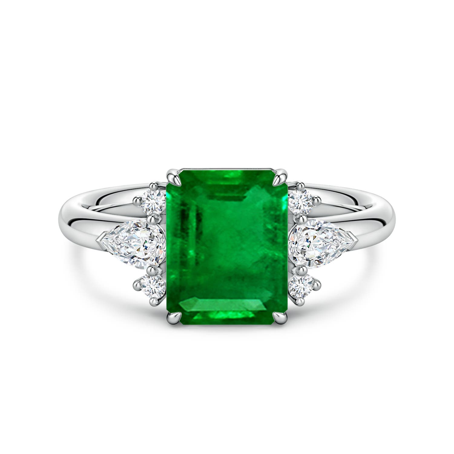 9x7mm Labgrown Four-Claw Prong Emerald-Cut Lab-Grown Emerald Side Stone Engagement Ring in White Gold