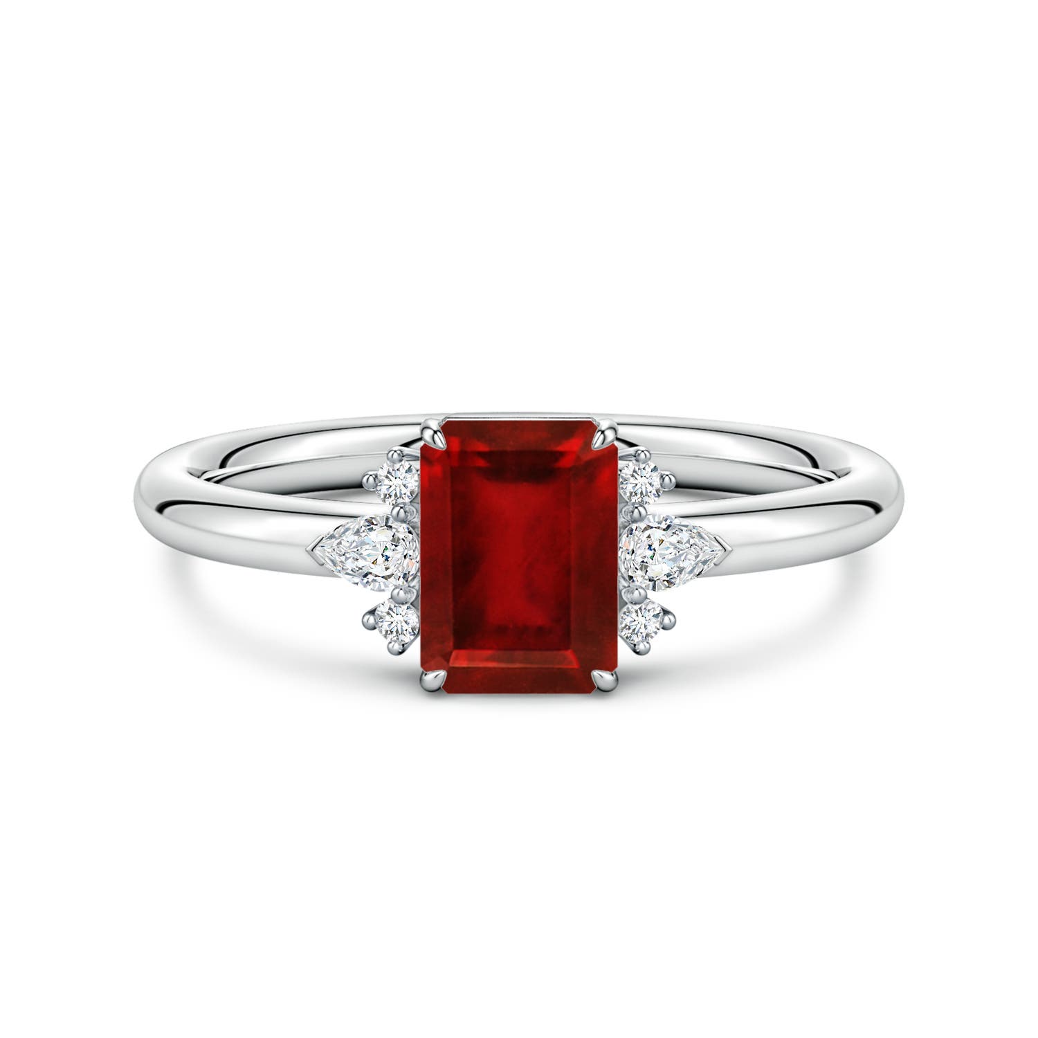 7x5mm Labgrown Four-Claw Prong Emerald-Cut Lab-Grown Ruby Side Stone Engagement Ring in 18K White Gold
