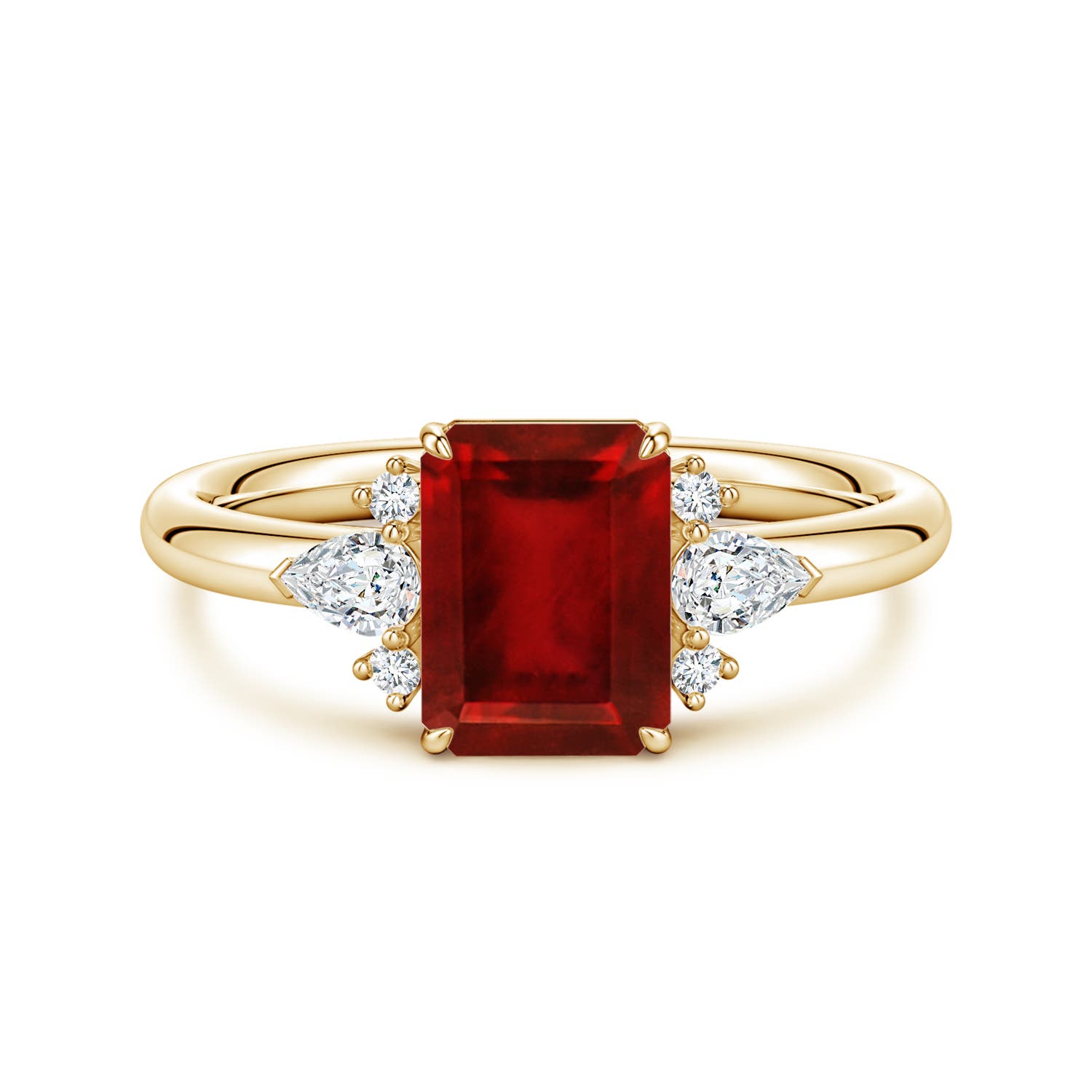 8x6mm Labgrown Four-Claw Prong Emerald-Cut Lab-Grown Ruby Side Stone Engagement Ring in 18CT Yellow Gold
