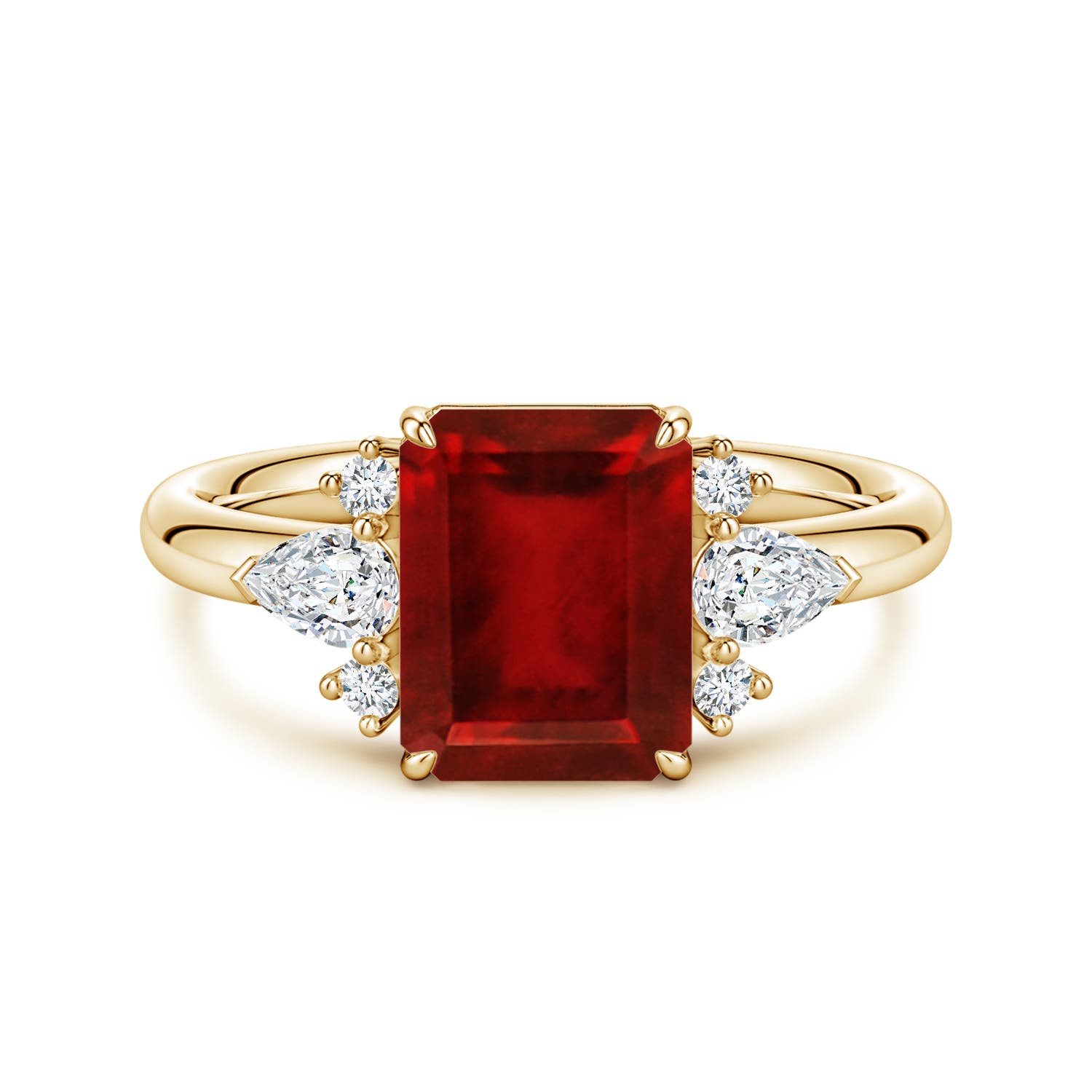 9x7mm Labgrown Four-Claw Prong Emerald-Cut Lab-Grown Ruby Side Stone Engagement Ring in 18K Yellow Gold