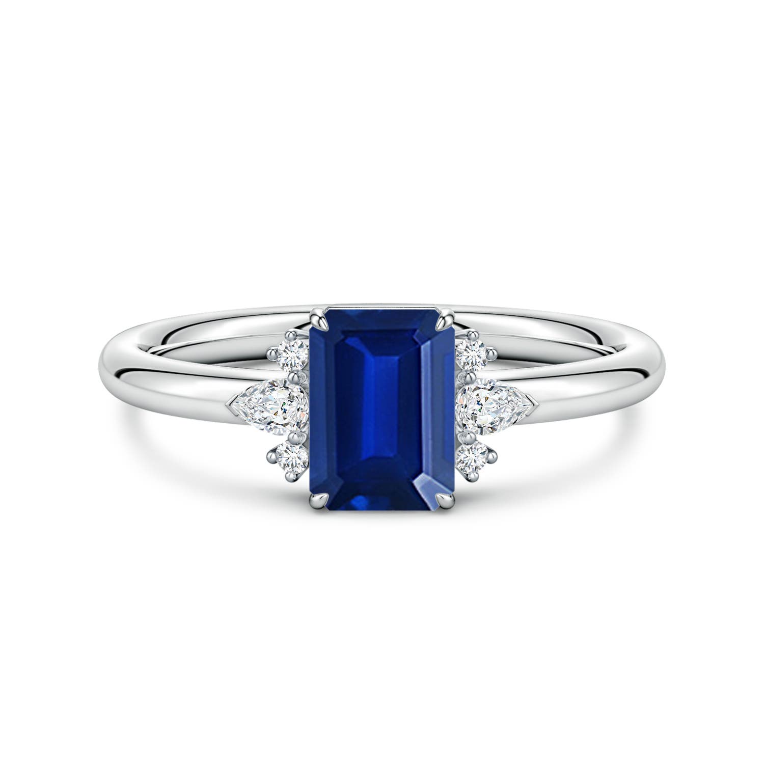 7x5mm Labgrown Four-Claw Prong Emerald-Cut Lab-Grown Blue Sapphire Side Stone Engagement Ring in 18K White Gold