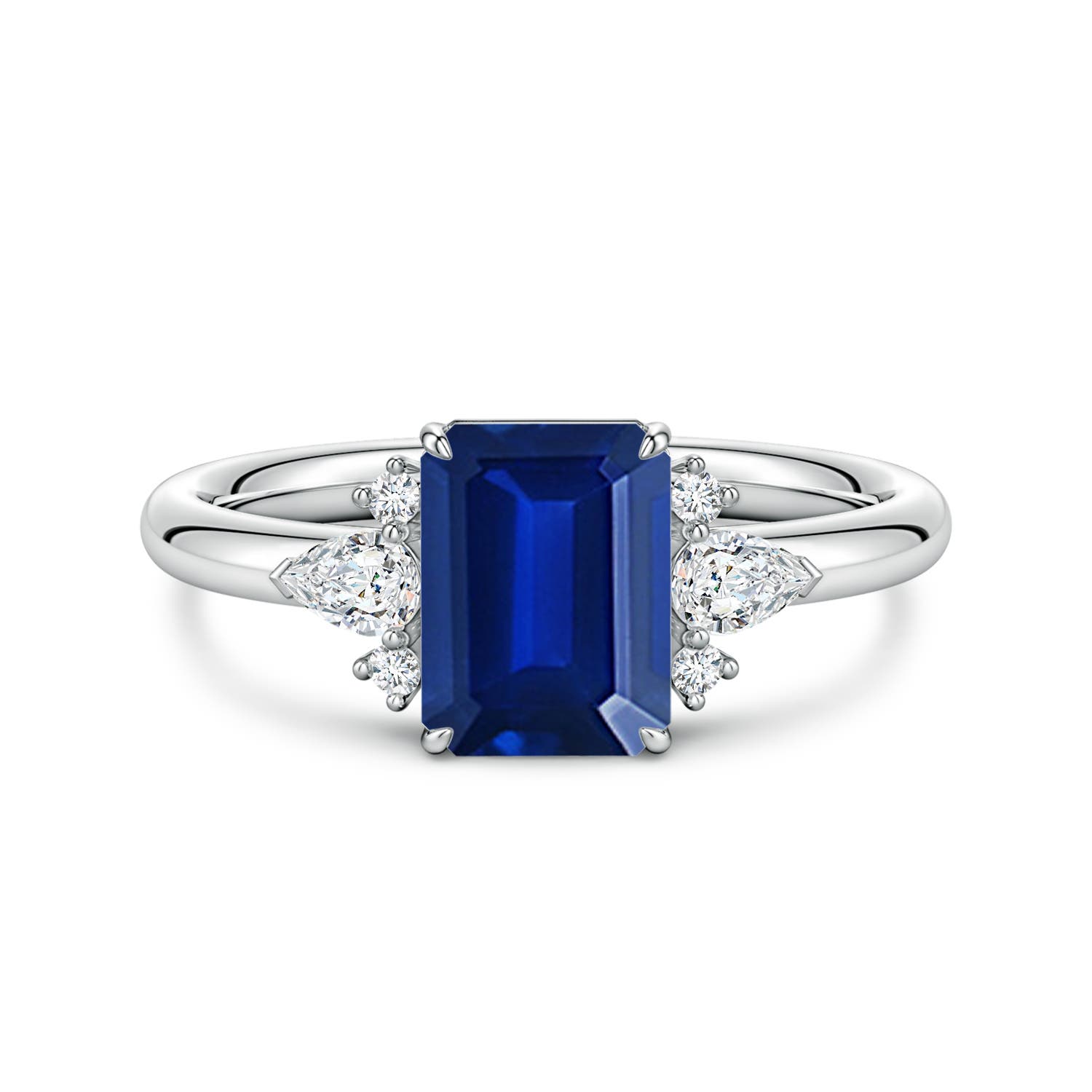 8x6mm Labgrown Four-Claw Prong Emerald-Cut Lab-Grown Blue Sapphire Side Stone Engagement Ring in 18K White Gold