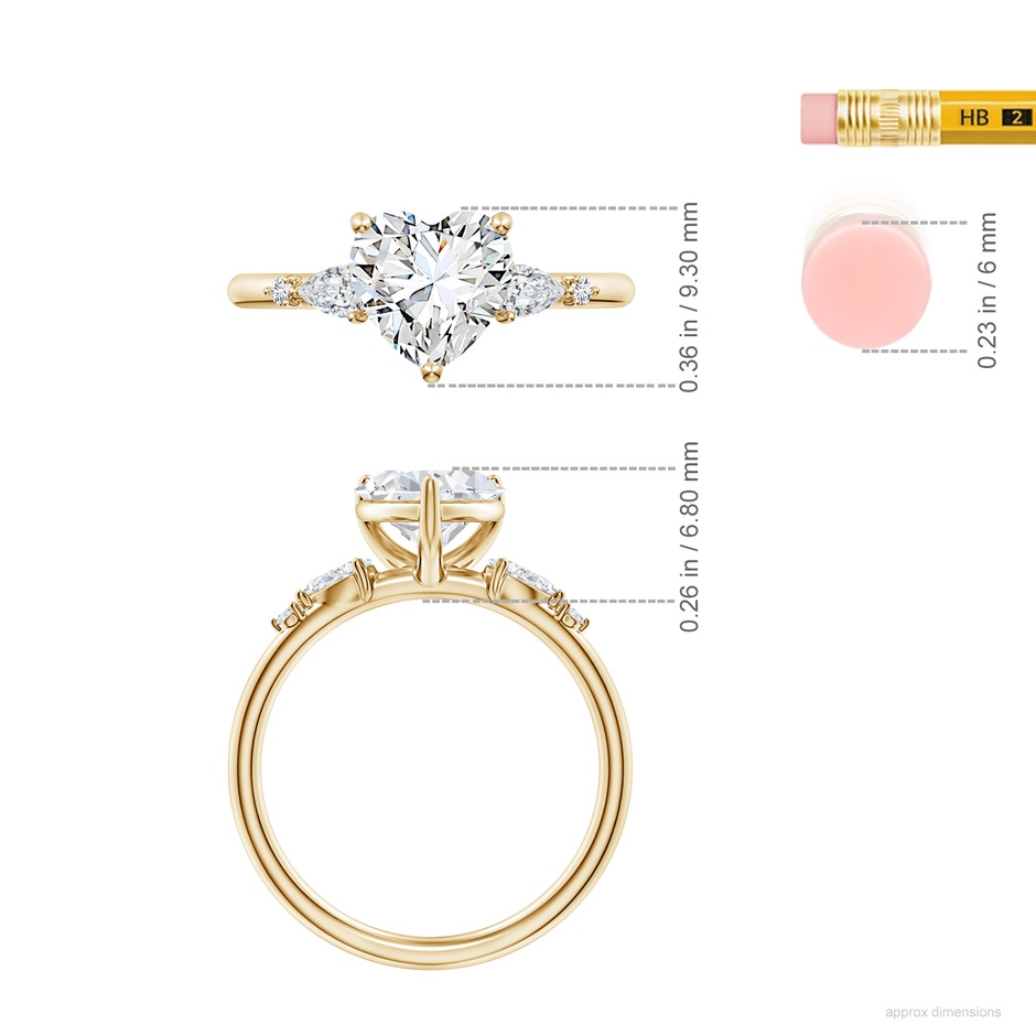 7.5mm FGVS Prong-Set Heart-Shaped Lab-Grown Diamond Side Stone Engagement Ring in Yellow Gold ruler