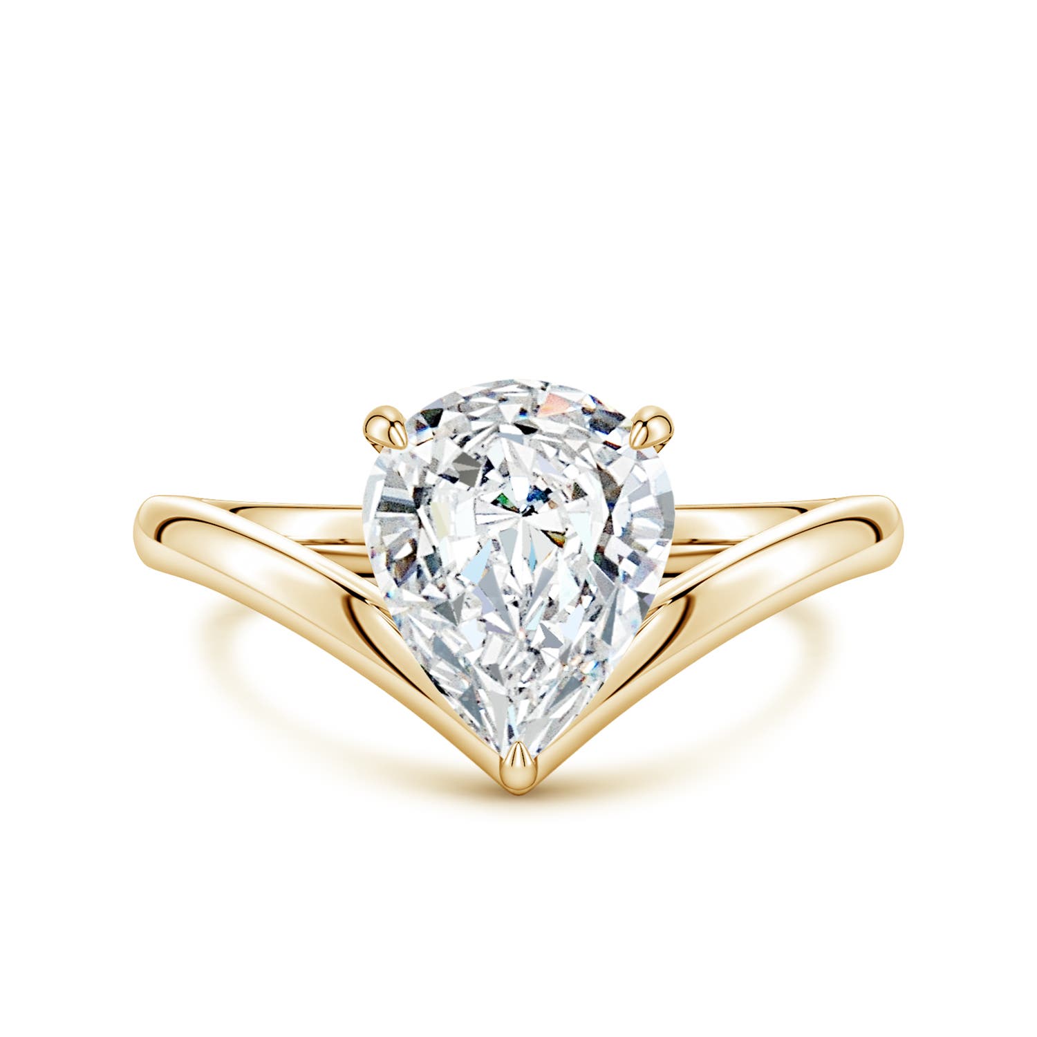 10x8mm FGVS Solitaire Pear Lab-Grown Diamond V-Shaped Engagement Ring in Yellow Gold