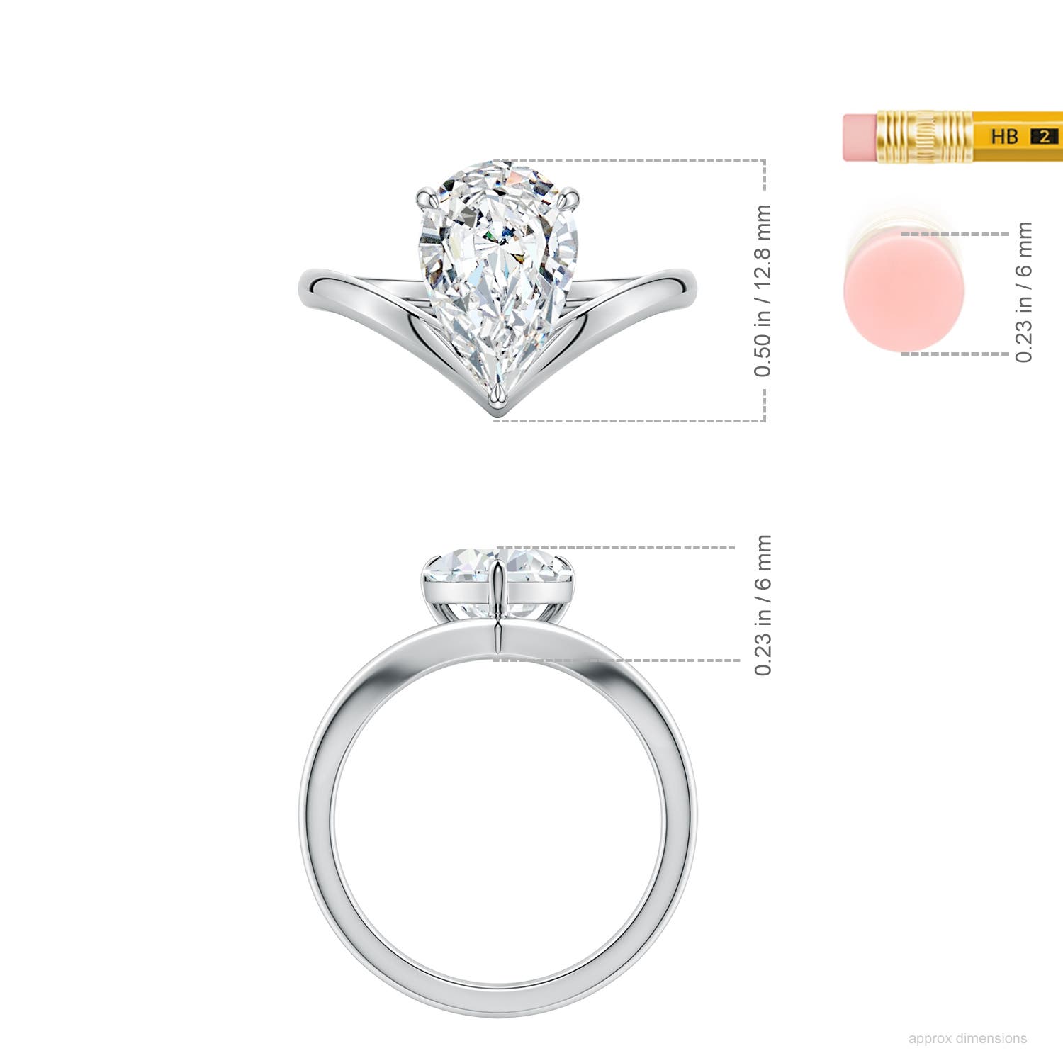 12x8mm FGVS Solitaire Pear Lab-Grown Diamond V-Shaped Engagement Ring in White Gold - ruler