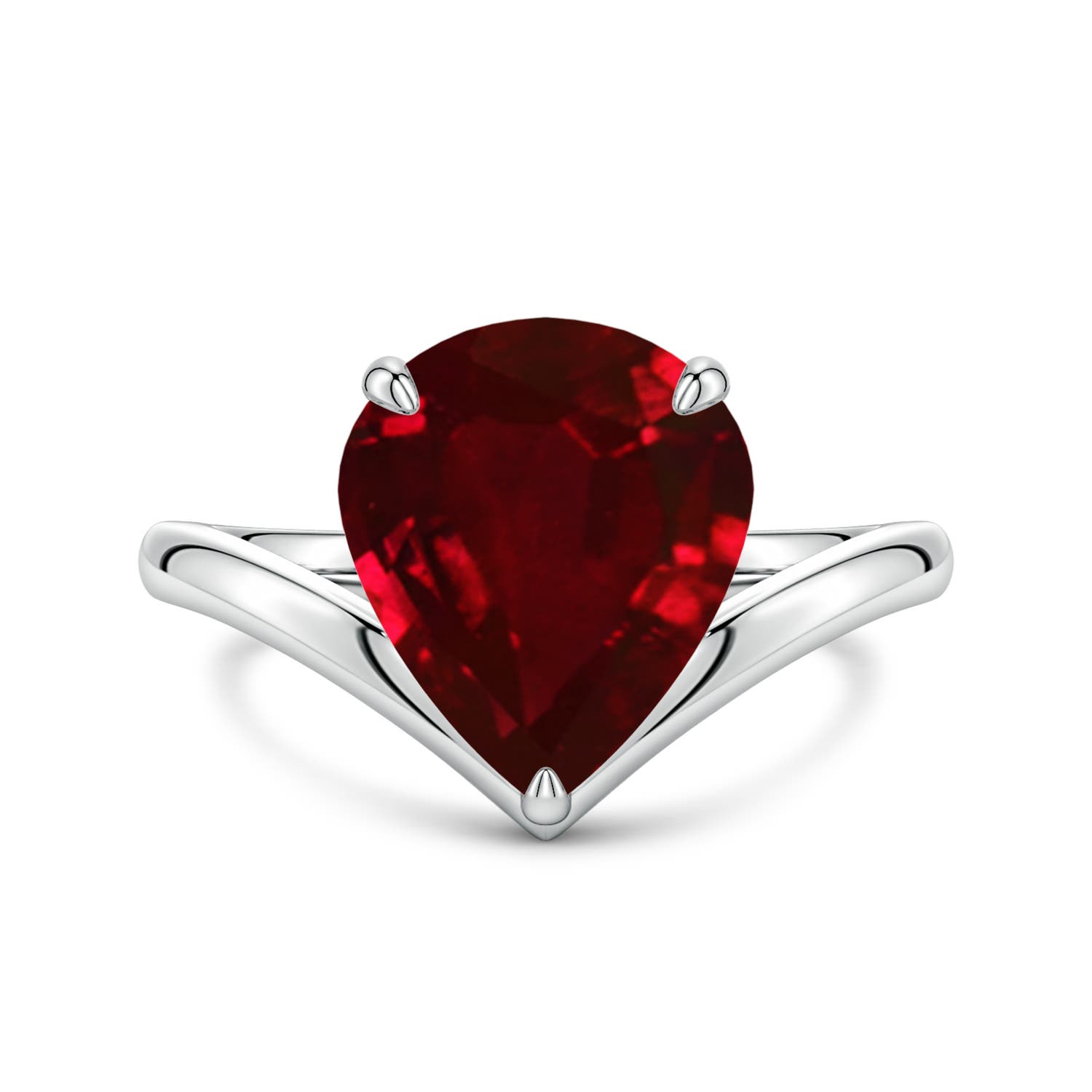 12x10mm Labgrown Solitaire Pear Lab-Grown Ruby V-Shaped Engagement Ring in White Gold