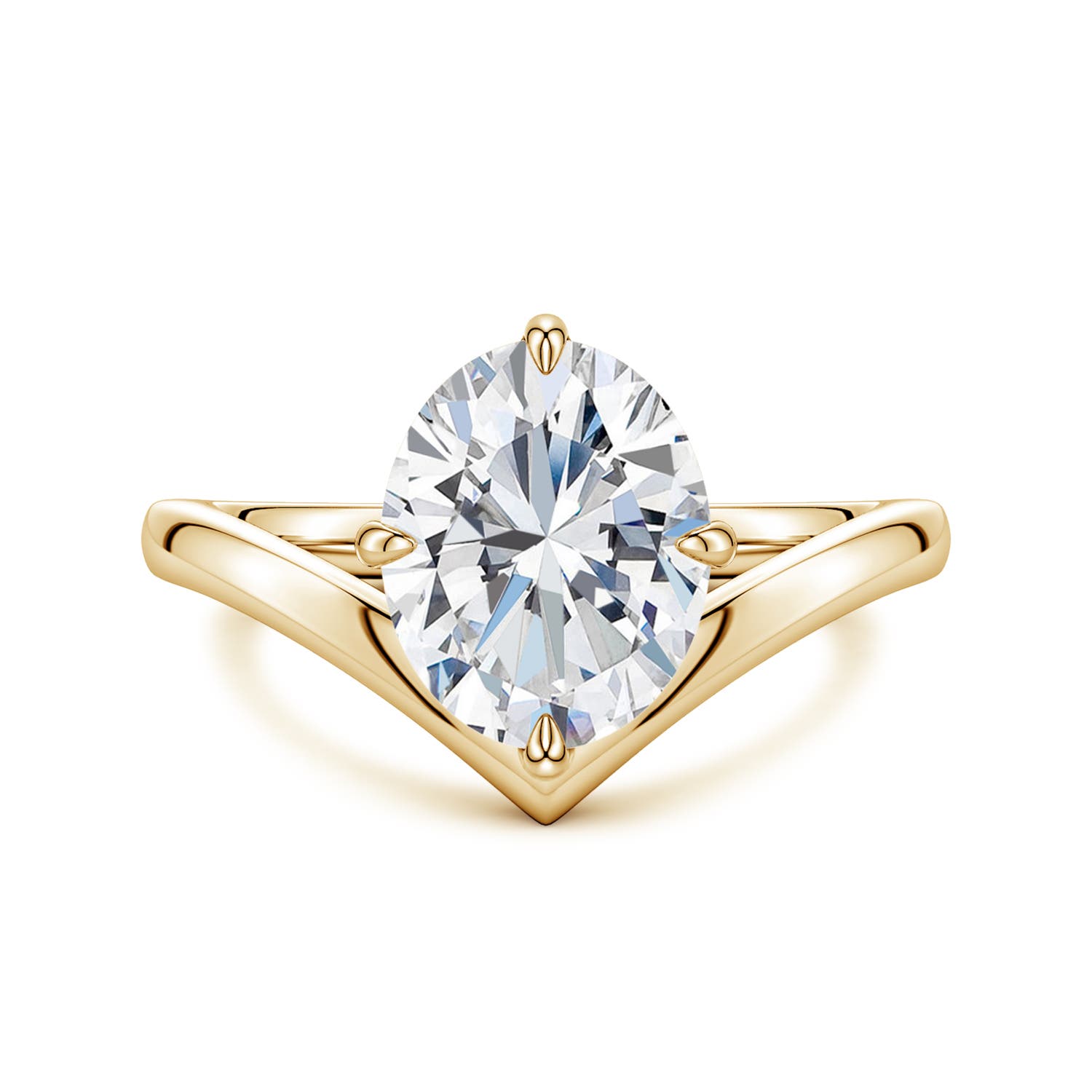 10x8mm FGVS Solitaire Oval Lab-Grown Diamond V-Shaped Engagement Ring in Yellow Gold