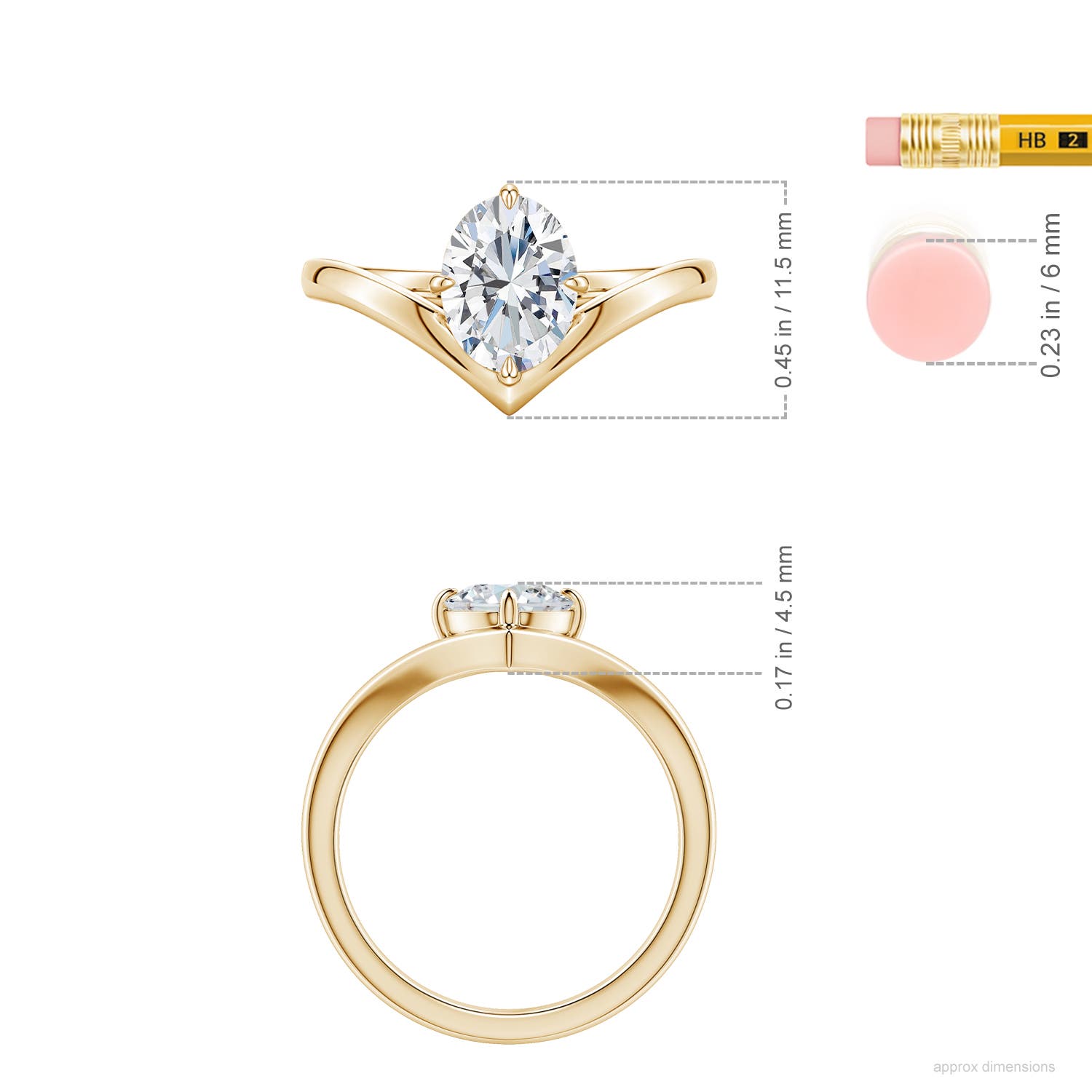 8.5x6.5mm FGVS Solitaire Oval Lab-Grown Diamond V-Shaped Engagement Ring in Yellow Gold - ruler