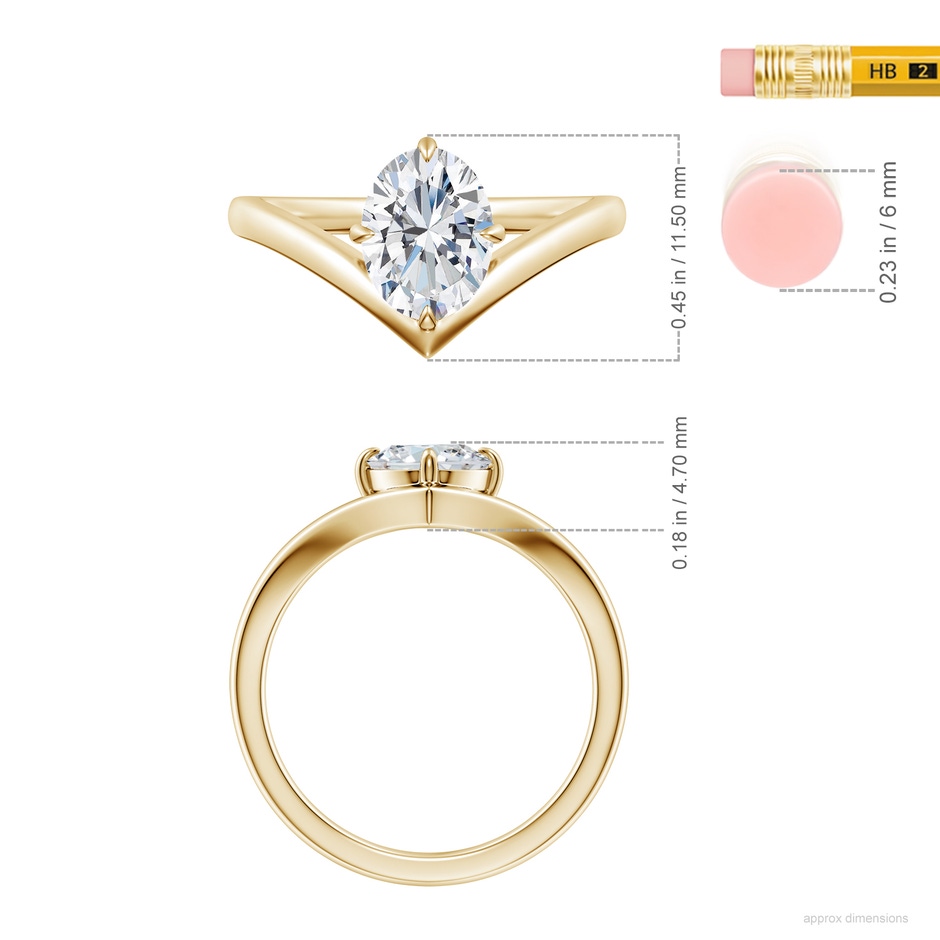 8.5x6.5mm FGVS Solitaire Oval Lab-Grown Diamond V-Shaped Engagement Ring in Yellow Gold ruler